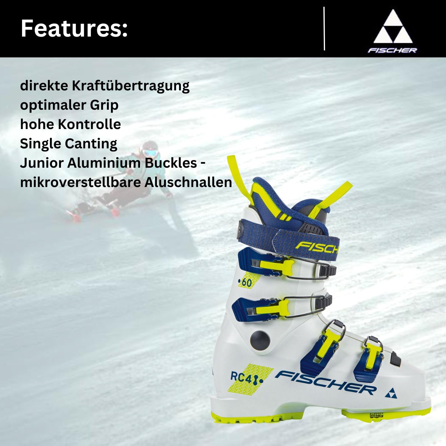 VDP Skischuhe Skistiefel für Kinder/Jugendliche - Fischer RC4 60 JR Junior - Kinder/Jugendliche Alpin Skischuhe - Flex 60 - für sportliche Youngsters - Ski Stiefel Jugend Ski Boots - GripWalk