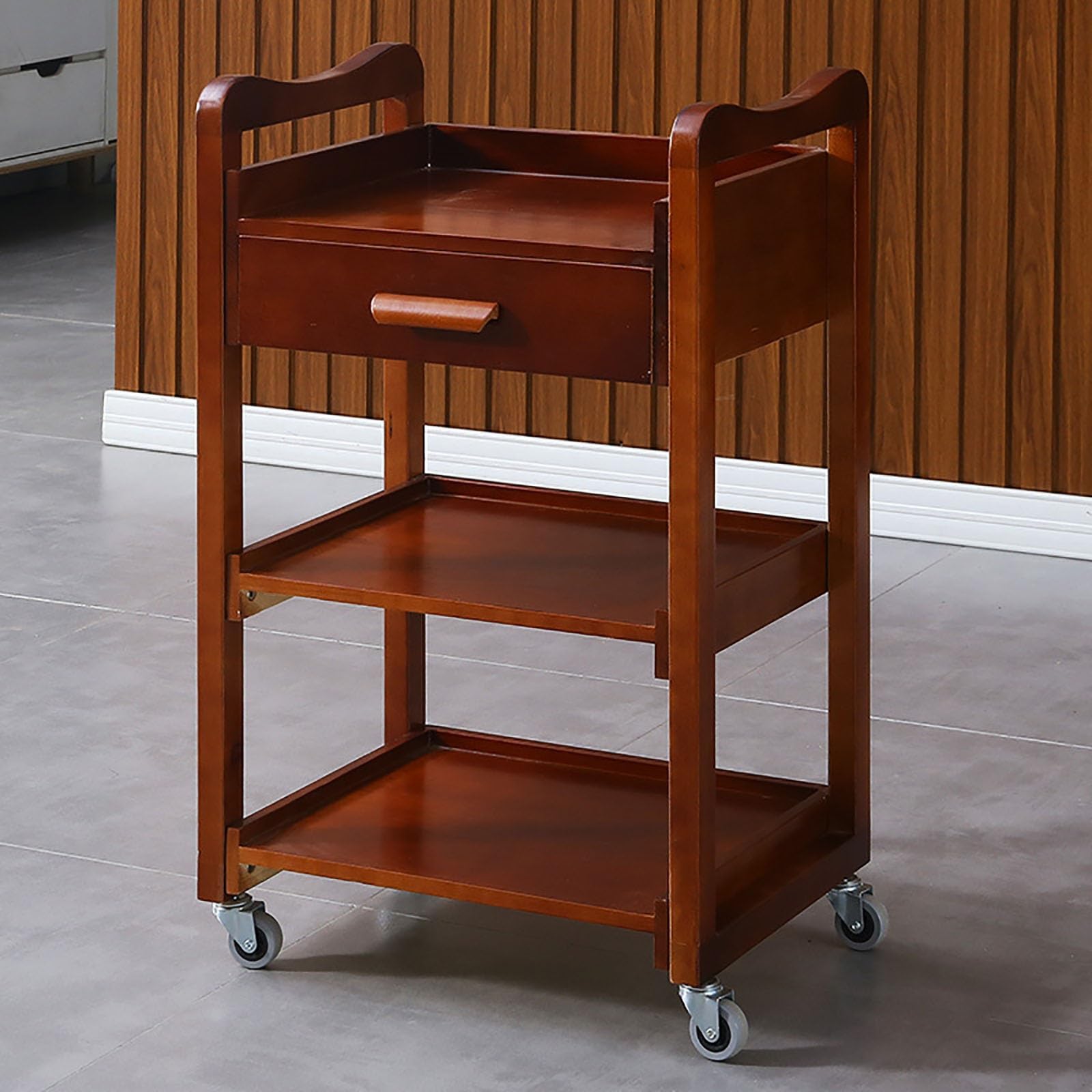 Carrello Portaoggetti in Legno Massello per Salone di Bellezza, con Cassetti, Organizer Multifunzionale per Strumenti da Parrucchiere, Spazio Extra E Design Elegante, Marrone, Rosso