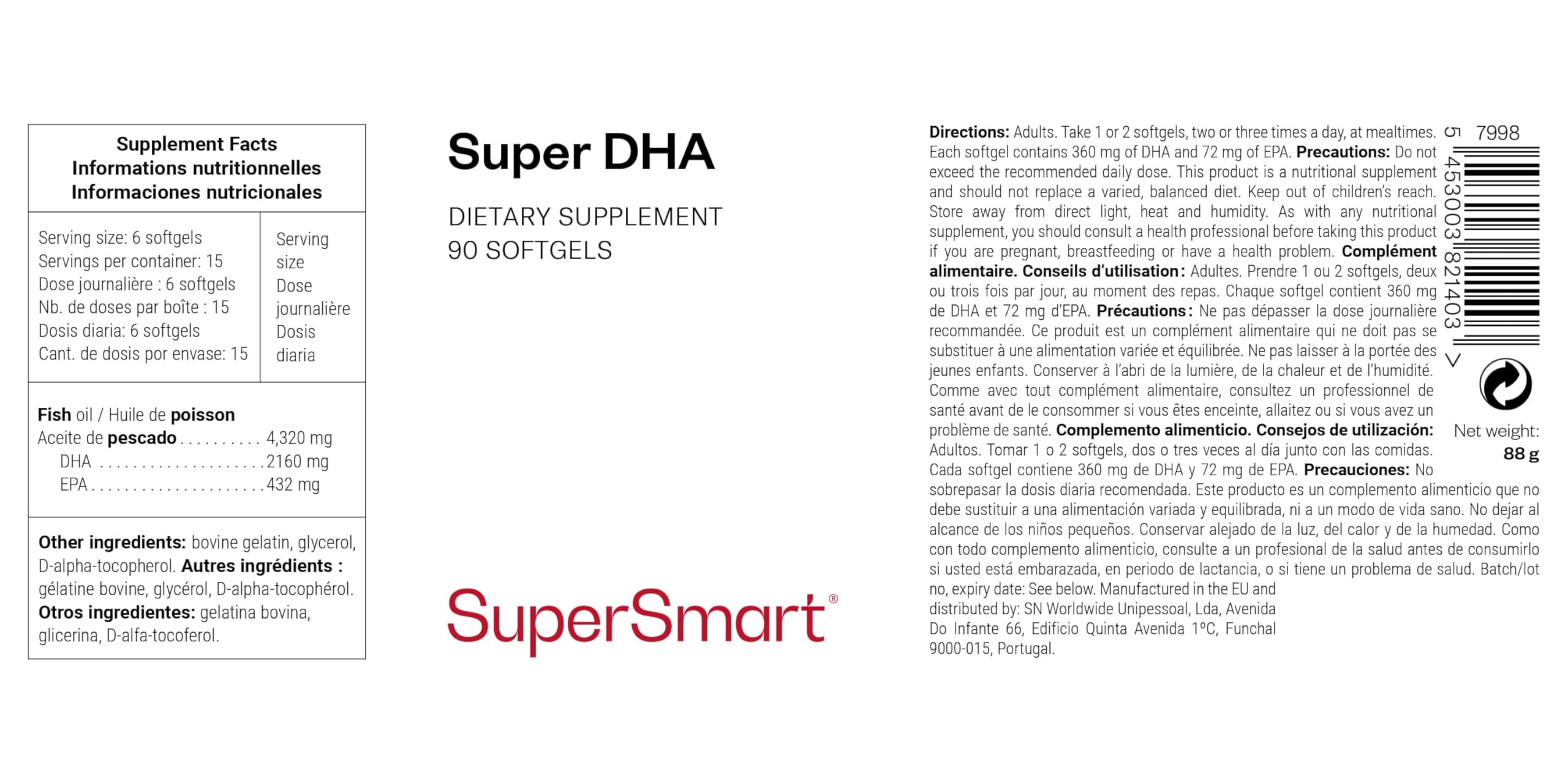 Super DHA - Herz und Gehirn - Docosahexaensäure - Eicosapentaensäure - Natürliche Omega-3-Formel - Nachhaltiger Fischfang - GVO-frei - Supersmart