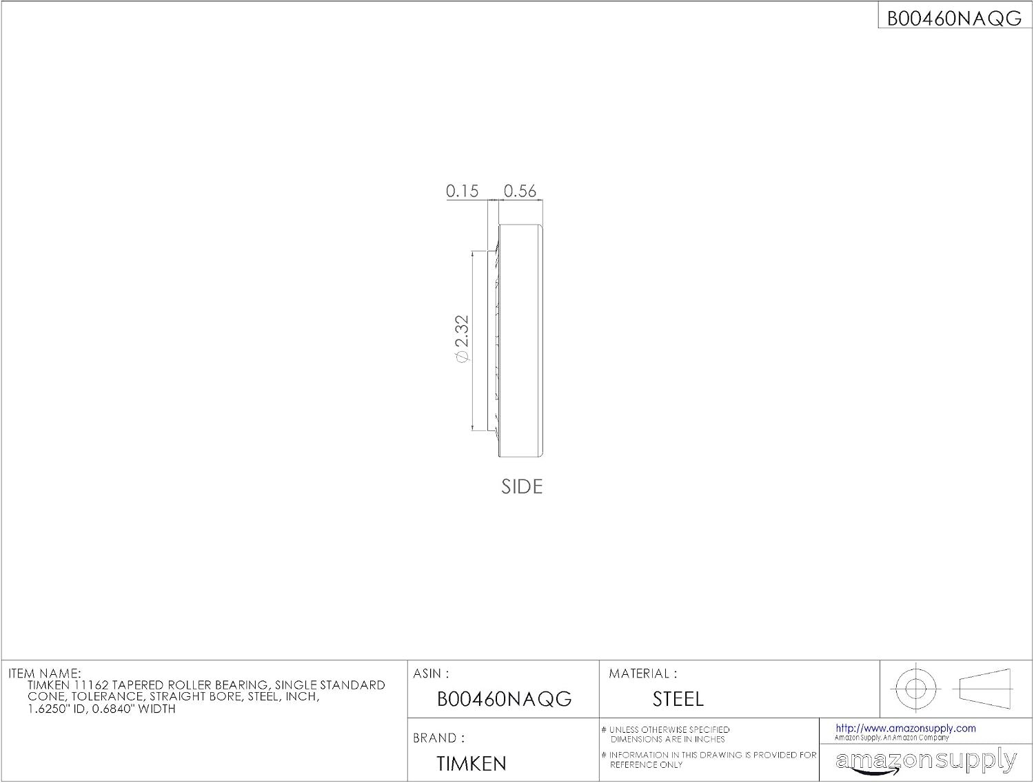 Timken 11162 Tapered Roller Bearing, Single Cone, Standard Tolerance, Straight Bore, Steel, Inch, 1.6250" ID, 0.6840" Width