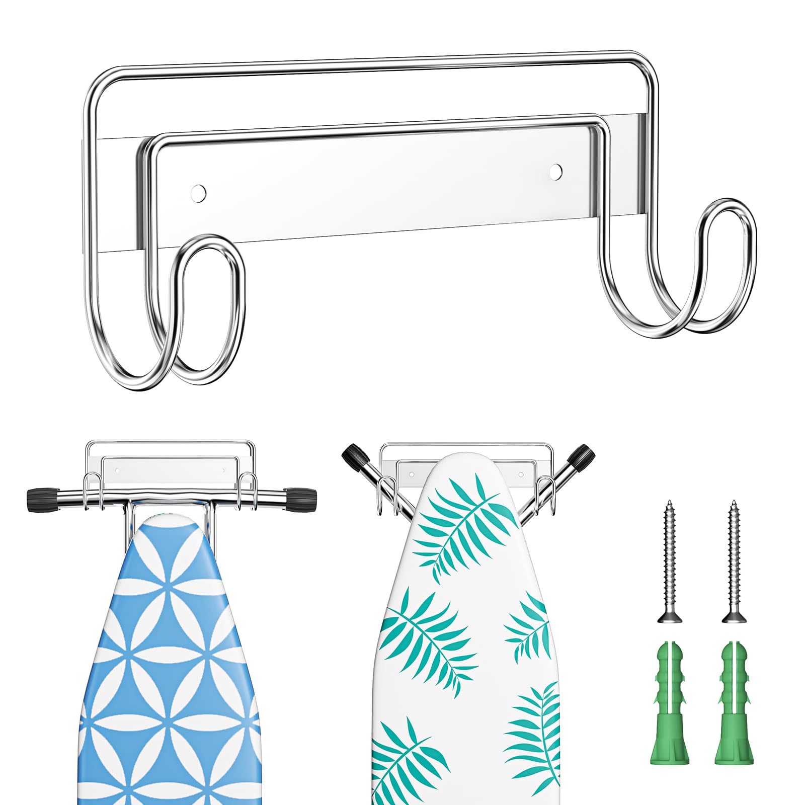 LOXSUN Ironing Board Holder Wall Mount, Stainless Steel Ironing Board Hanger, Laundry Room Iron Board Hanger for Wall, Iron Board Hook for T or Y Leg, Silver Wall Hanger Hook