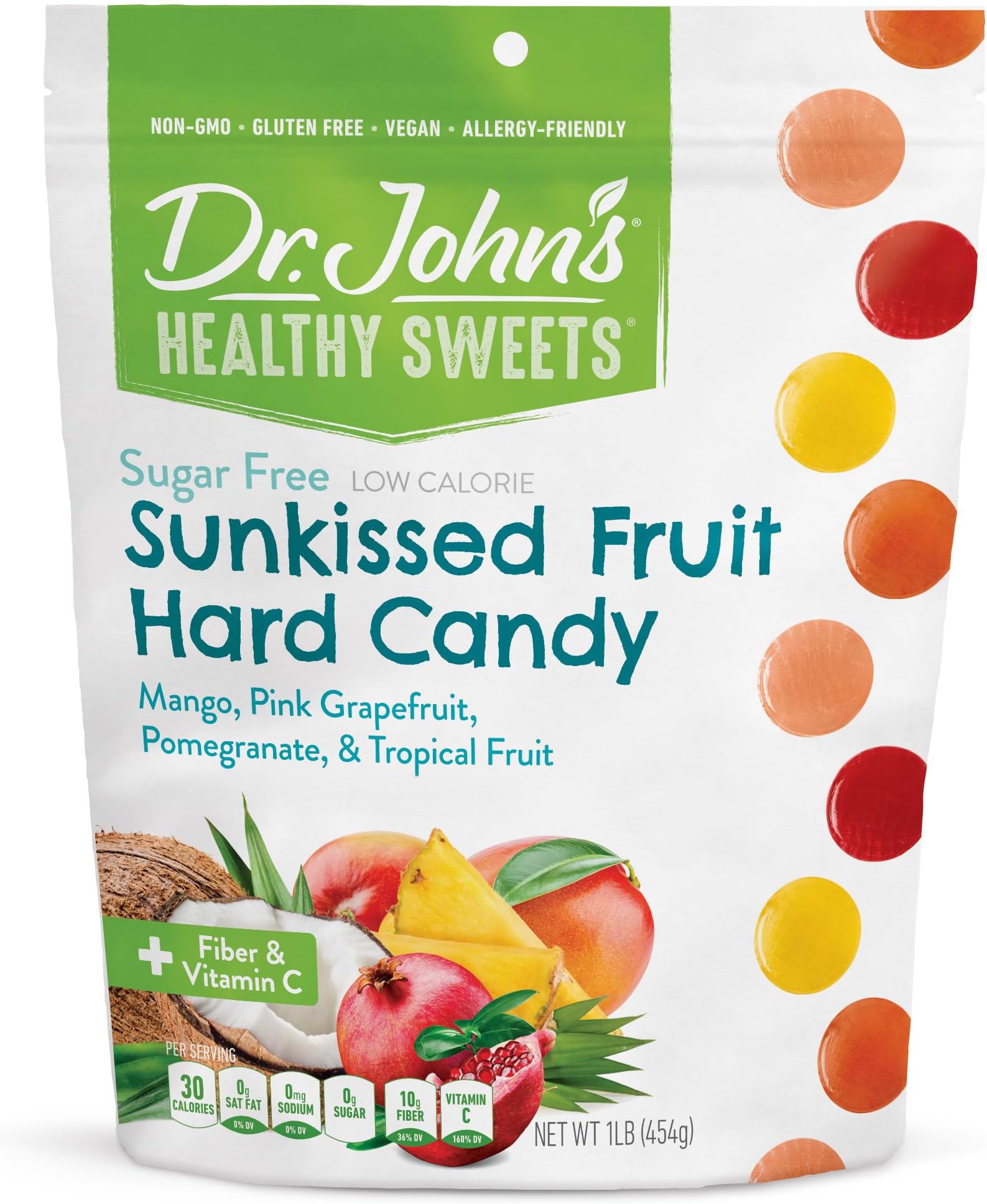 Dr. John’s Sugar Free Candy, Healthy Hard Candy with Zero Sugar, Low Calorie Snacks, Keto Friendly, Gluten Free, Sunkissed Fruit Flavors, 100 Count, 1 LB