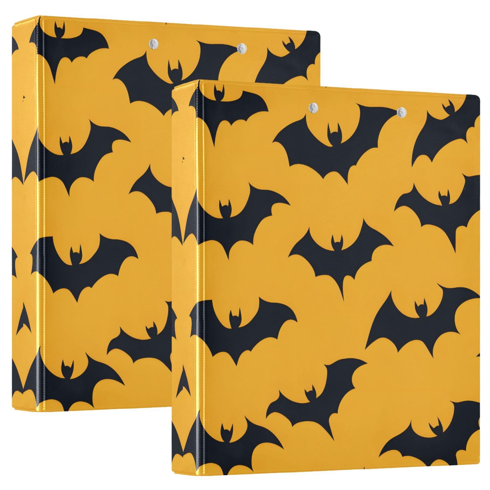Confezione da 2 raccoglitori a 3 anelli, motivo pipistrelli neri di Halloween, 3,8 cm, con 3 tasche trasparenti, portablocco e contiene 200 fogli, per ufficio, scuola, organizzazione