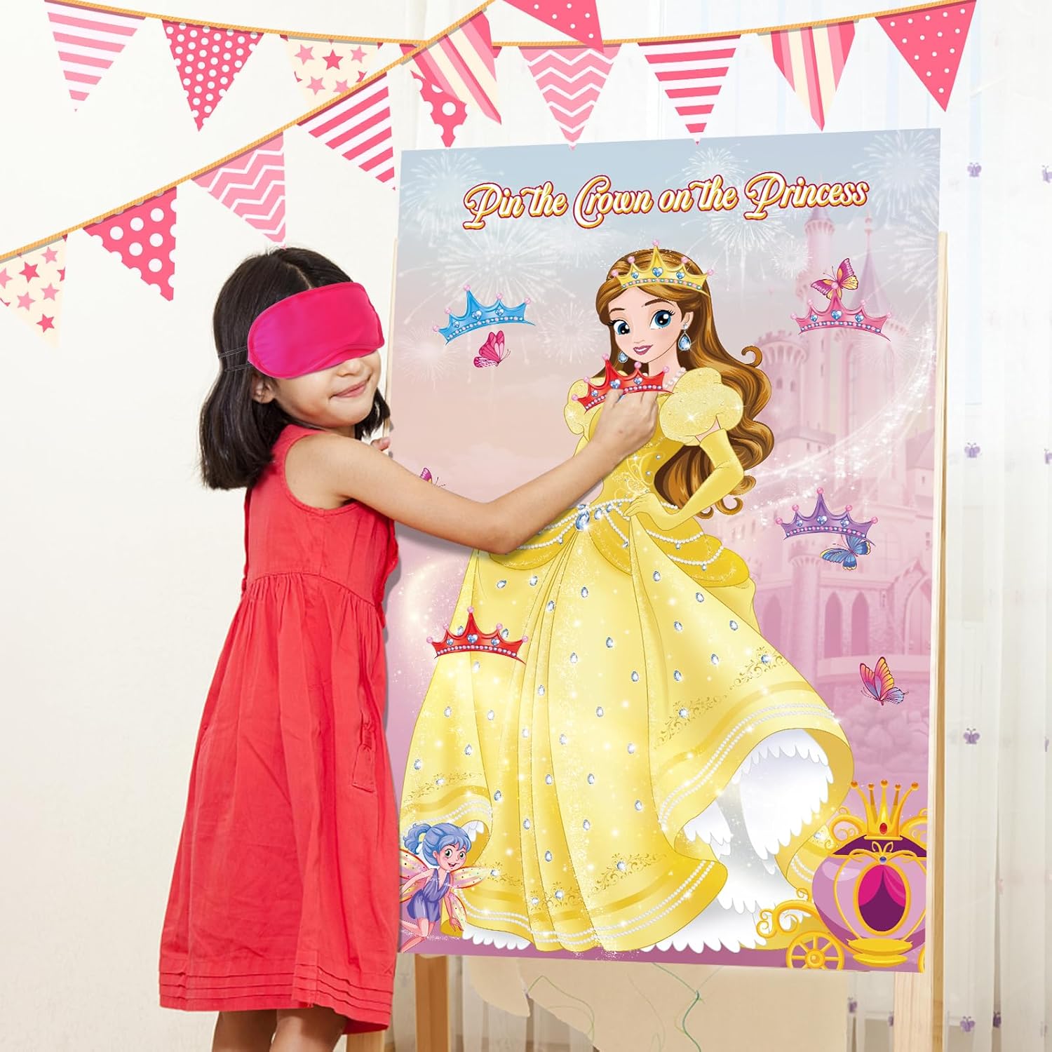 Pin The Crown on The Princess Party Games for Girls Princess Birthday Party with 24 Pcs Crowns, Large Princess Poster for Kids Girls Princess Birthday Party Princess Tea Party Decorations