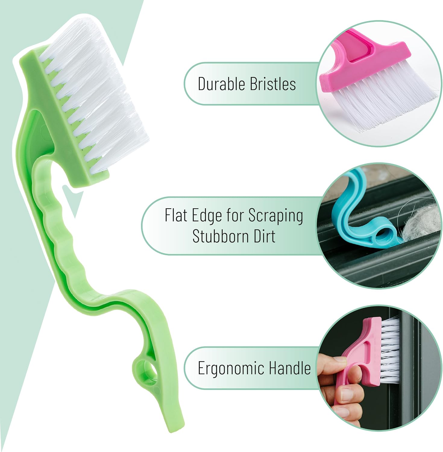 Slick- Window Track Cleaning Brush, 4 Pack, Colorful Ergonomic Handle, Built-in Scraper, Multipurpose, Window Track Cleaning Tools image 3