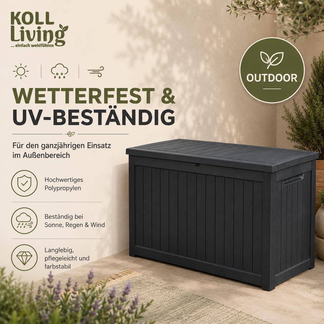 Koll Living Auflagenbox/Kissenbox Cedar 870 Liter l 100% Wasserdicht l mit Belüftung dadurch kein übler Geruch/Schimmel l Moderne Holzoptik l Deckel belastbar bis 250 KG (2 Personen) Modell 2027