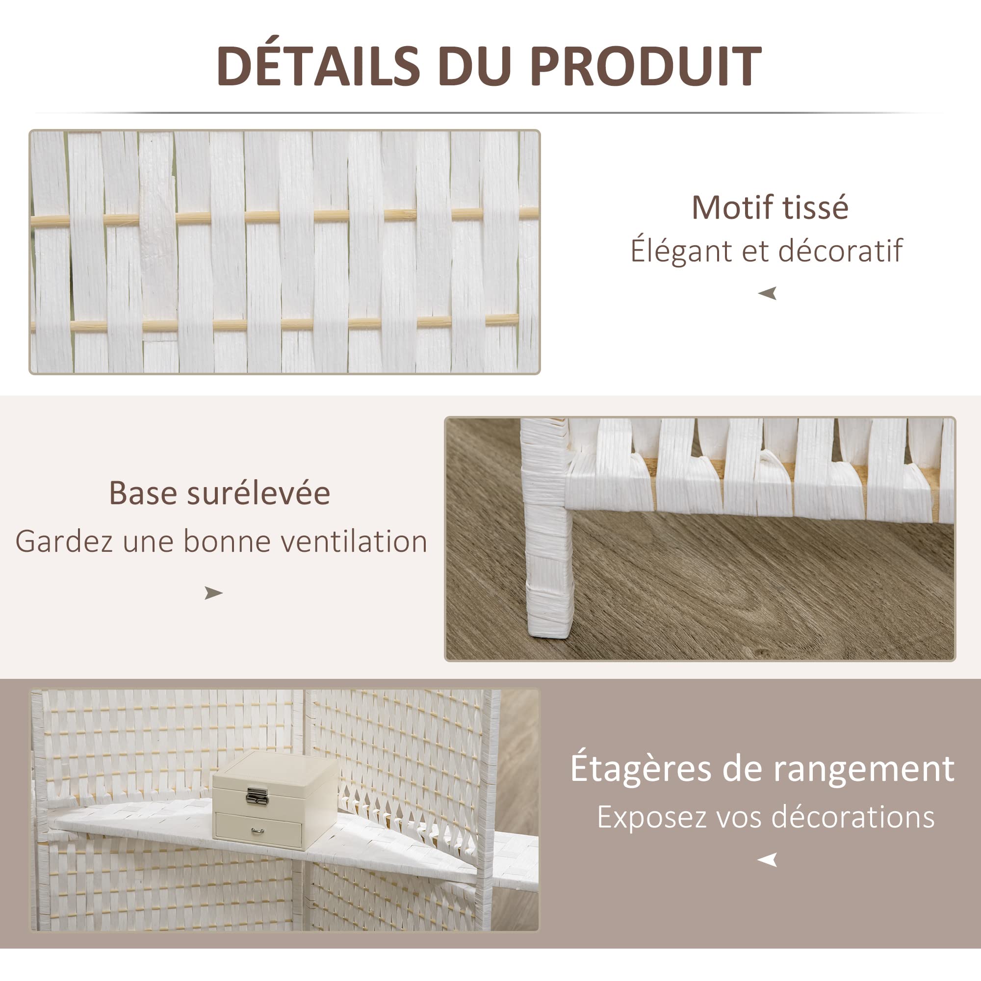 HOMCOM Parawan wewnętrzny 4 panele 181 L x 180H cm 2 składane półki ścianka działowa drewno sosnowe bambusowe plecione włókna papierowe biała słoma