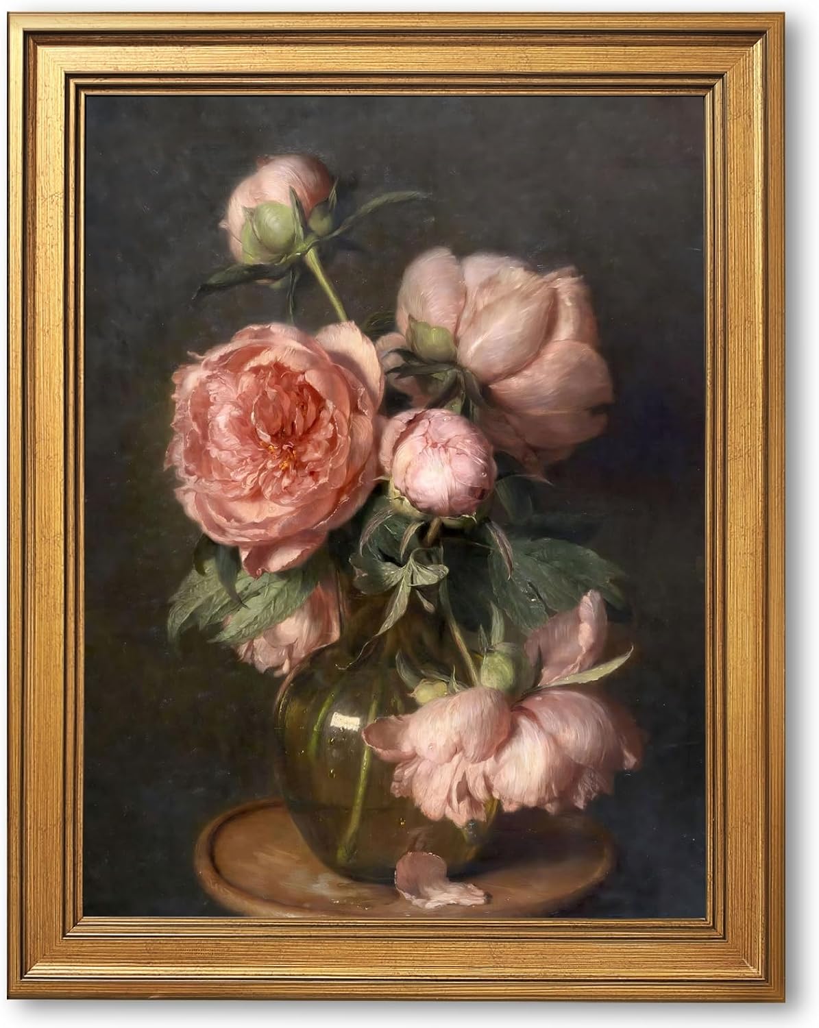 PMKXFGK Large Framed Wall Art Pink Peonies in Vase Still Life Poster Canvas Print Vintage Rustic Elegant Floral Painting Dark Flower Picture Wall Decor for Living Room Bedroom 24x36inch Golden Frame