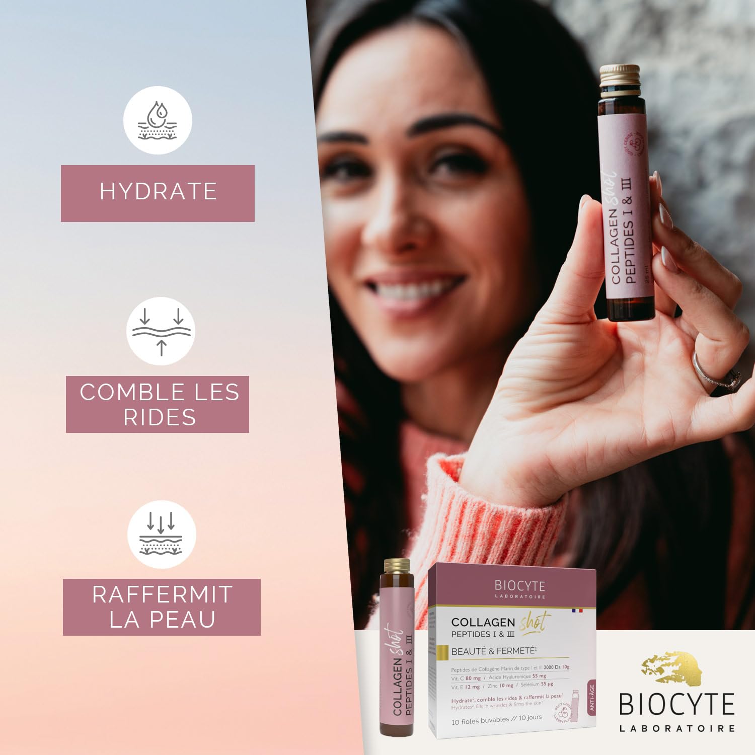 BIOCYTE Collagen Shot – Hidrata, rellena las arrugas, tonifica la piel – Complemento alimenticio de colágeno marino, ácido hialurónico, vitamina C y E, zinc – 1 vial al día – Programa 10 días