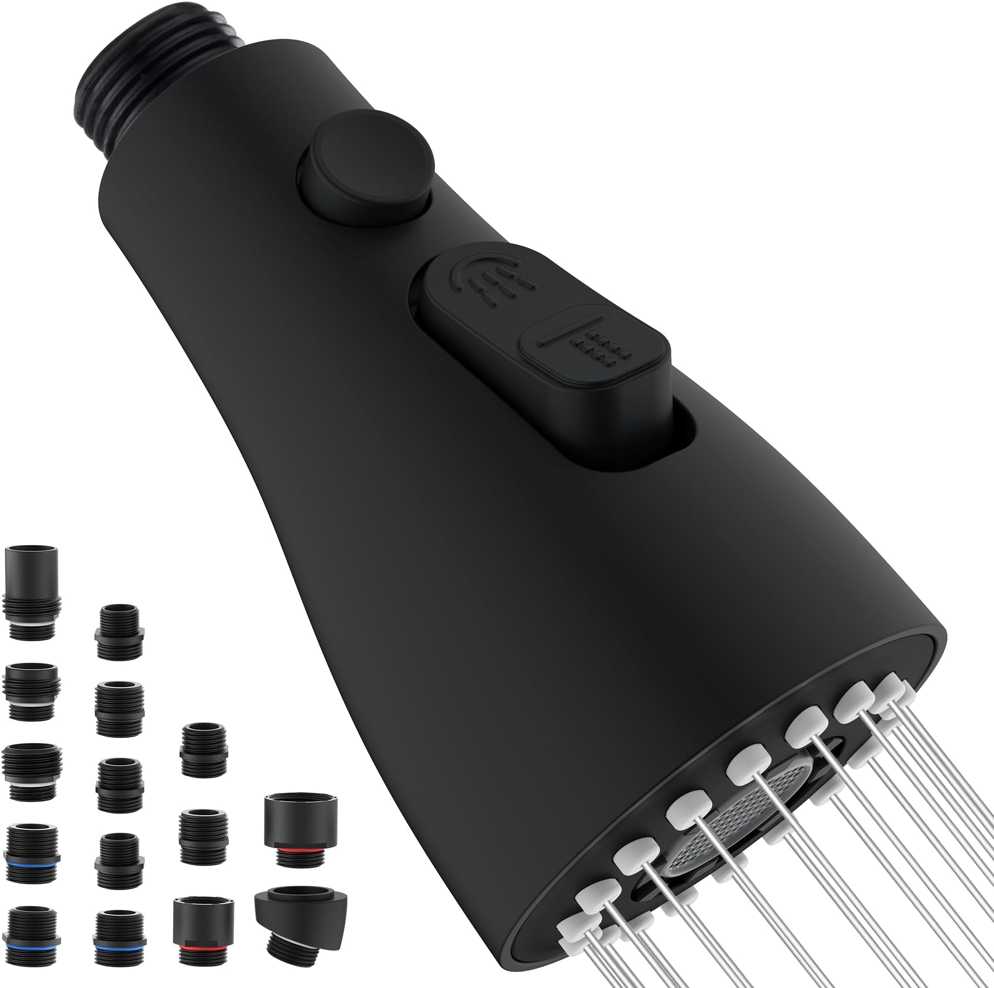 Kitchen Faucet Head Replacement with 15 Adapters - 3 Functions Pull Down Spray Head for Kitchen Faucet, Pull Out Faucet Sprayer Head Nozzle, Kitchen Sink Faucet Sprayer Head Replacement, Matte Black