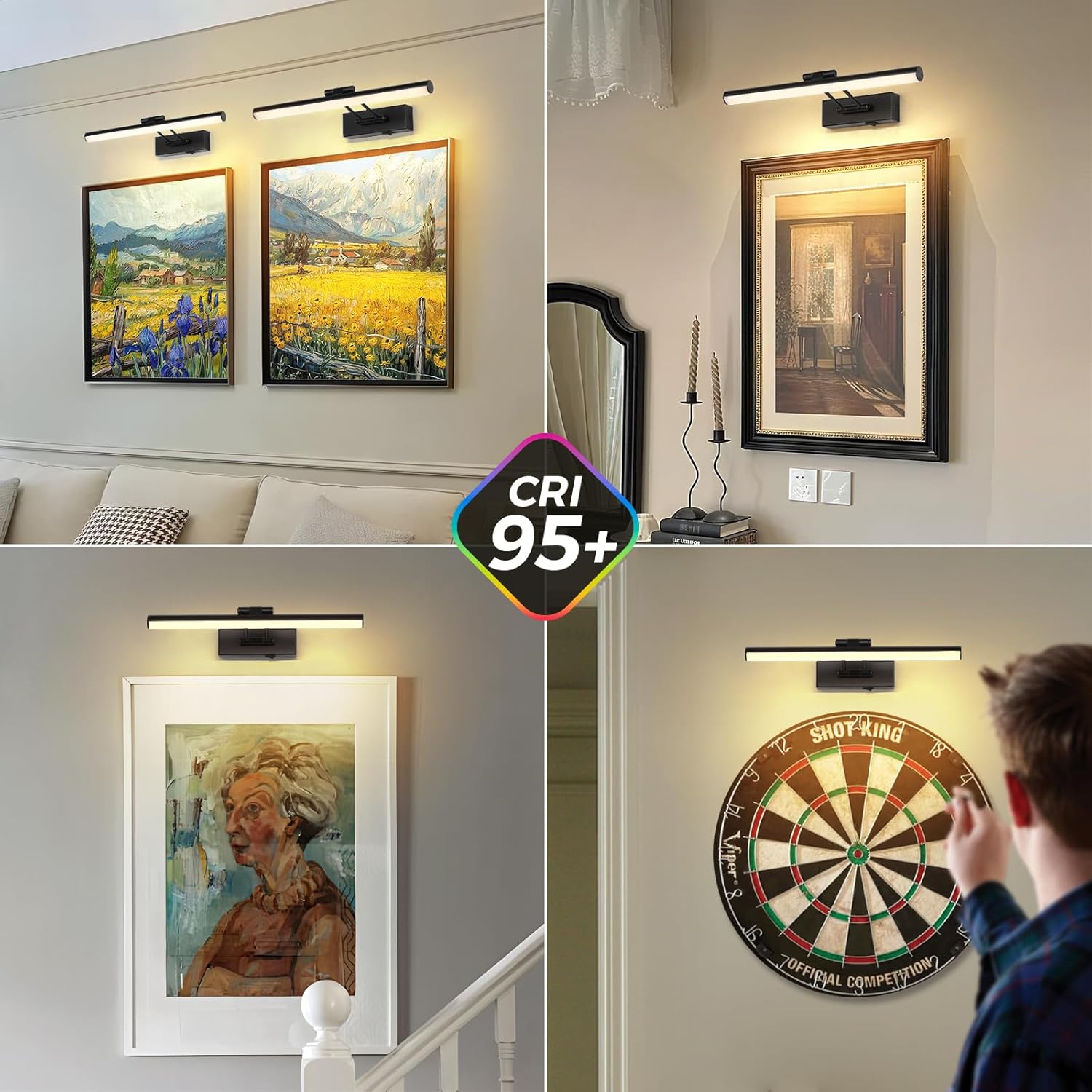 JUSHENG Black Picture Lights for Wall Battery Operated Gallery Lights 3CCT Dimmable Art Lamp Wireless Painting Lights for Display, Portraits 15.35'' Inch 3W
