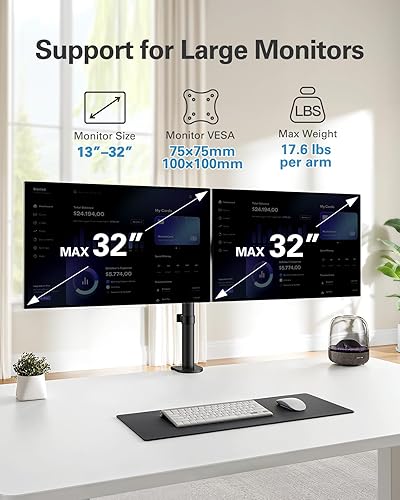 Miniatura 2 de HUANUO Soporte para monitor dual de hasta 32 pulgadas, soporte de monitor doble de acero resistente, brazo ajustable de movimiento completo con