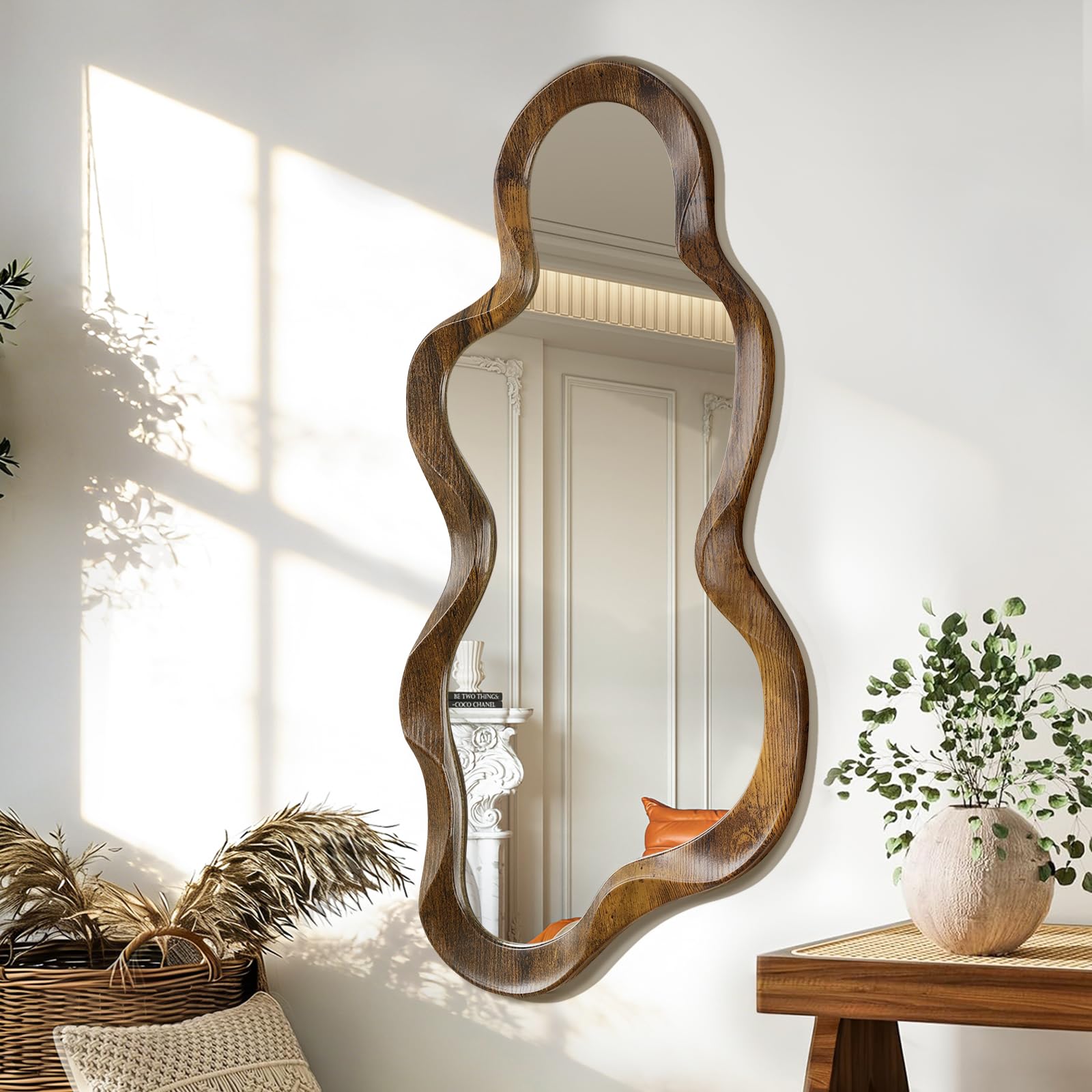 Lzuso Irregular Wooden Framed Wall Mirror Modern Asymmetrical Unique Hanging Mirrors Artistic Unique Cloud Shape Wall Decor Bathroom Vanity Bedroom Living Room Entryway Hallway Large 76x36cm