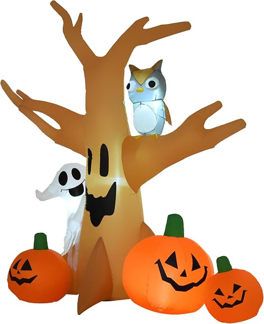 HOMCOM 240cm Large Halloween Scary Lighting Inflatable Tree Ghost 3 Pumpkins Owl 4 LED Indoor Outdoor Holiday Decoration