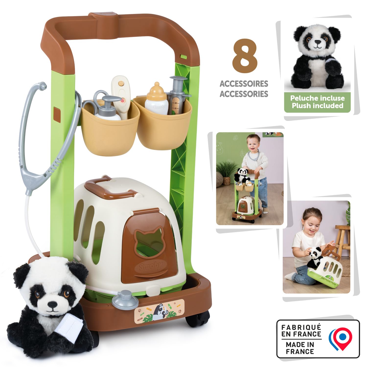 Smoby - Chariot Vétérinaire - avec Peluche Panda - Mallette 2 en 1 - 7 Accessoires Inclus - Dès 3 Ans - Fabriqué en France