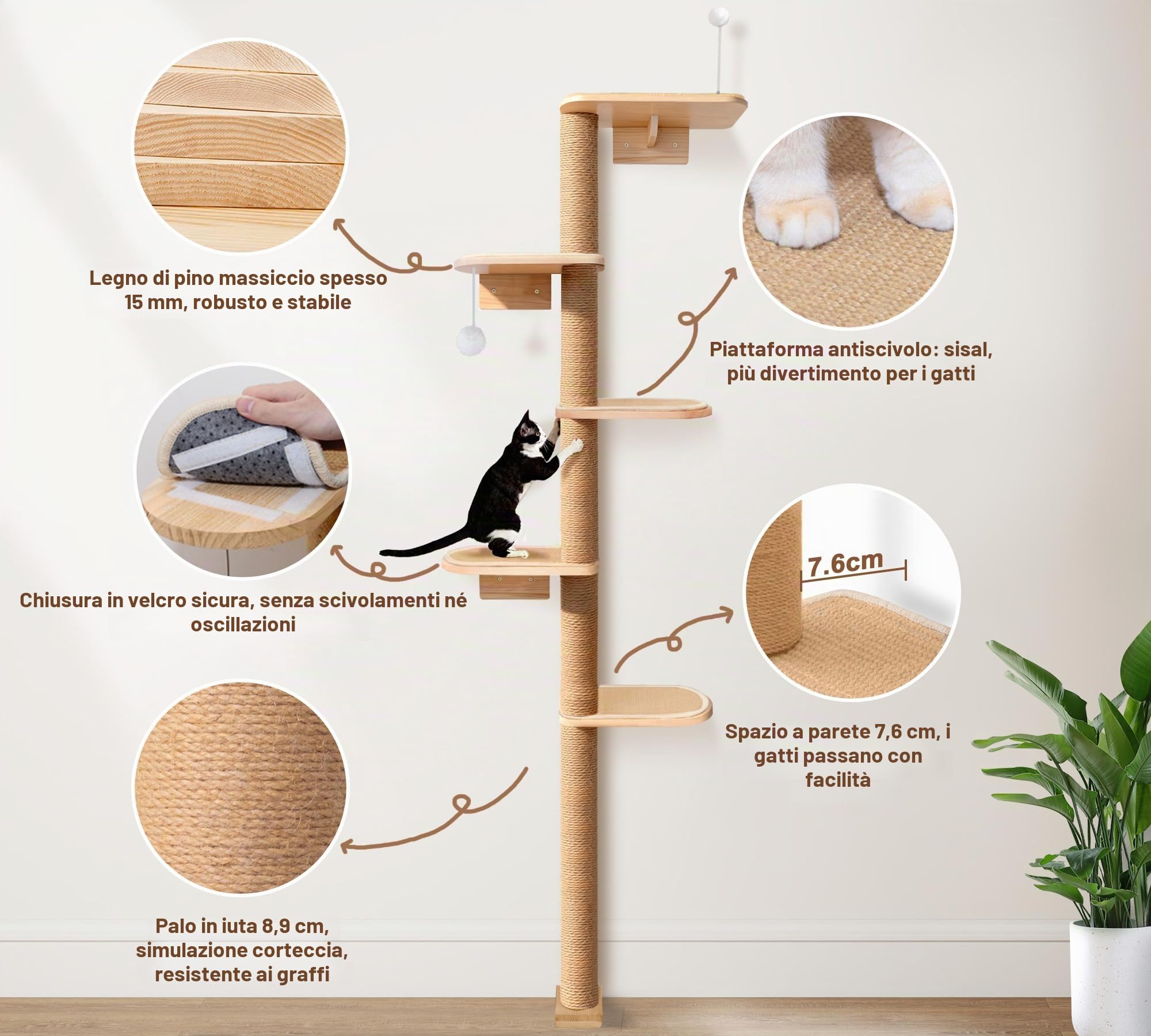 HFHOME Tiragraffi grande per il montaggio a parete, sistema da arrampicata per gatti con più piani ed elementi in sisal (sisal, 210 cm di larghezza)