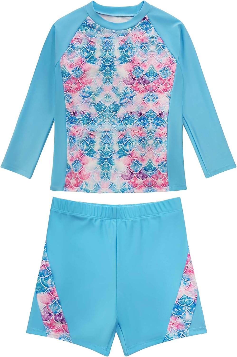 Girls Long Sleeve Two Piece Swimsuit Rash Guard with Shorts Printed Sun Protection Bathing Suit Swimwear 4-13Y