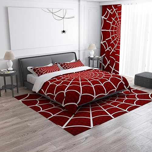 Miniatura 2 de Juego de funda de edredón de superhéroe, tamaño King, ropa de cama de tela de araña roja para niños, adolescentes, niñas, decoración de dormitorio,