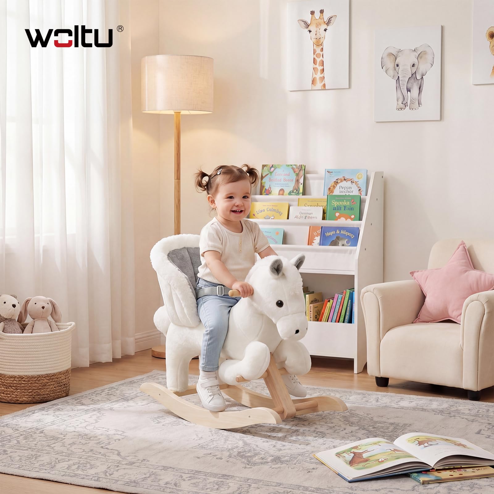 WOLTU Caballito Balancín para Bebés Caballo Mecedora de Madera con Sonidos Caballito Juguete Infantil para Niños de 18 a 36 Meses Caballo Juguete Peluche con Asas, Blanco y Gris