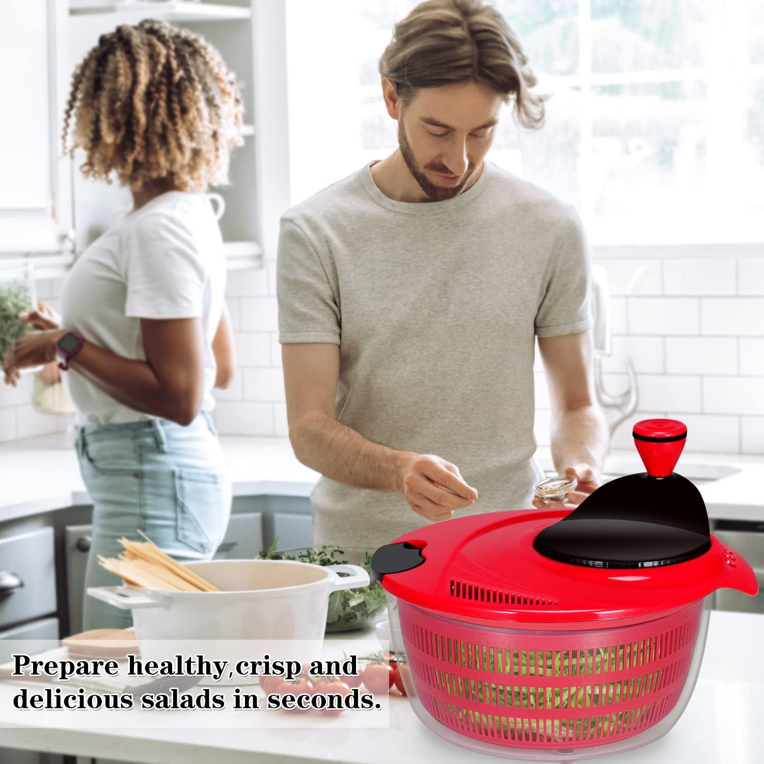 Ourokhome Salad Spinner Lettuce Dryer, Rotary Veggie Washer with Compact Bowl and Colander, Easy to Clean, Wash, Dry Vegetables, Fruits, Lettuce, Greens, Lockable Lid, 4L, Red