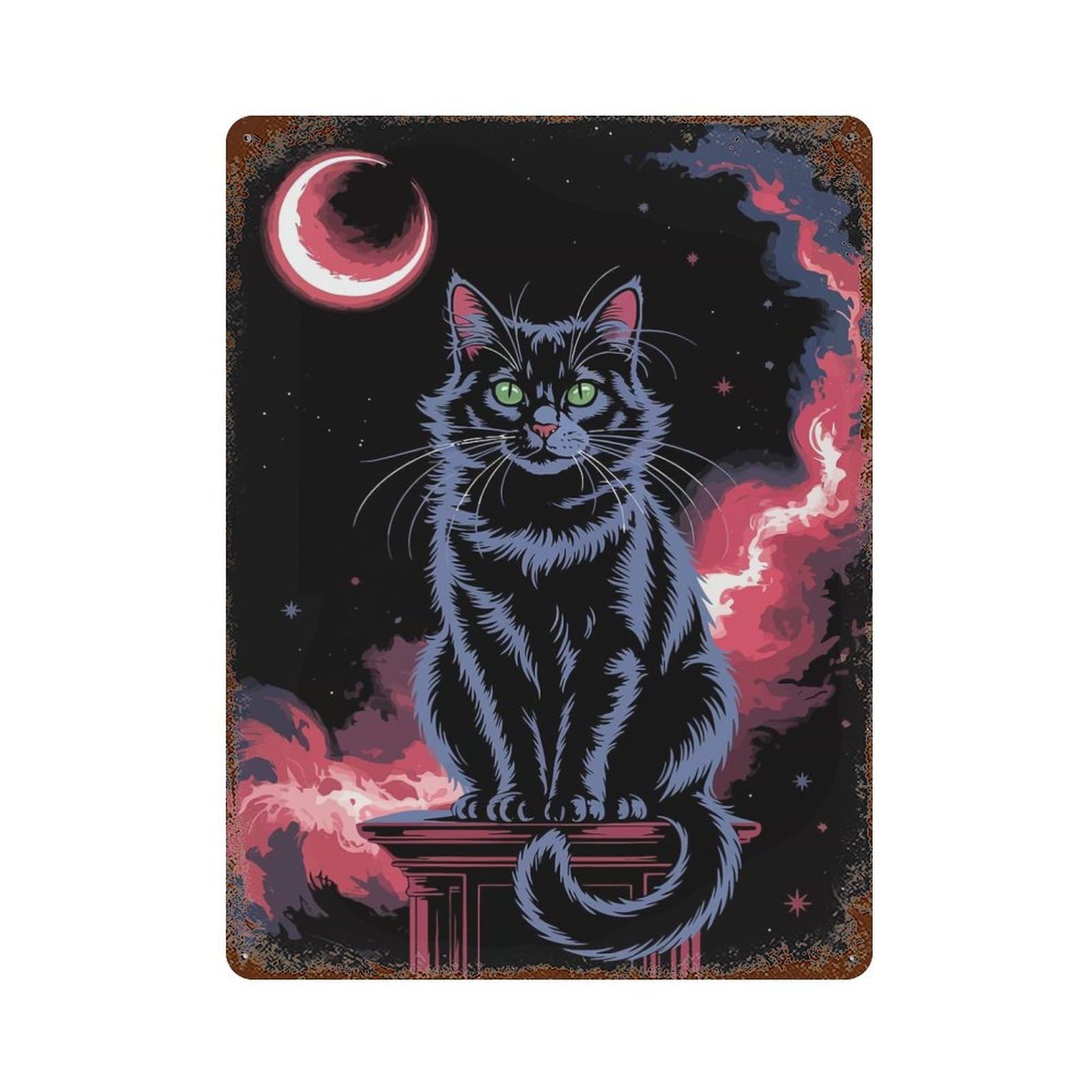 Garage Style Black Cat Under Crescent Moon Art Distressed Metal Wall Sign 15.7"x11.8", Novelty Wall Decor for Bar And Workshop