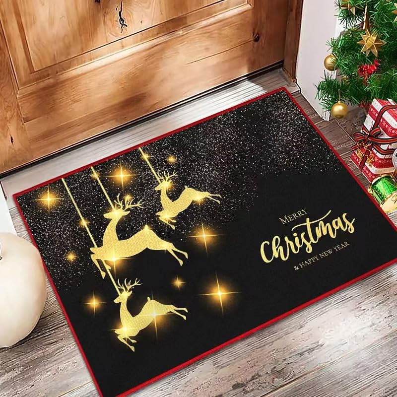 Felpudo Entrada Casa 60x90 cm Renos De Oro Negro Felpudo Antideslizante Lavable Felpudo Exterior Felpudos Entrada Casa Alfombrilla para Pasillo Cocina Dormitorio Mascotas