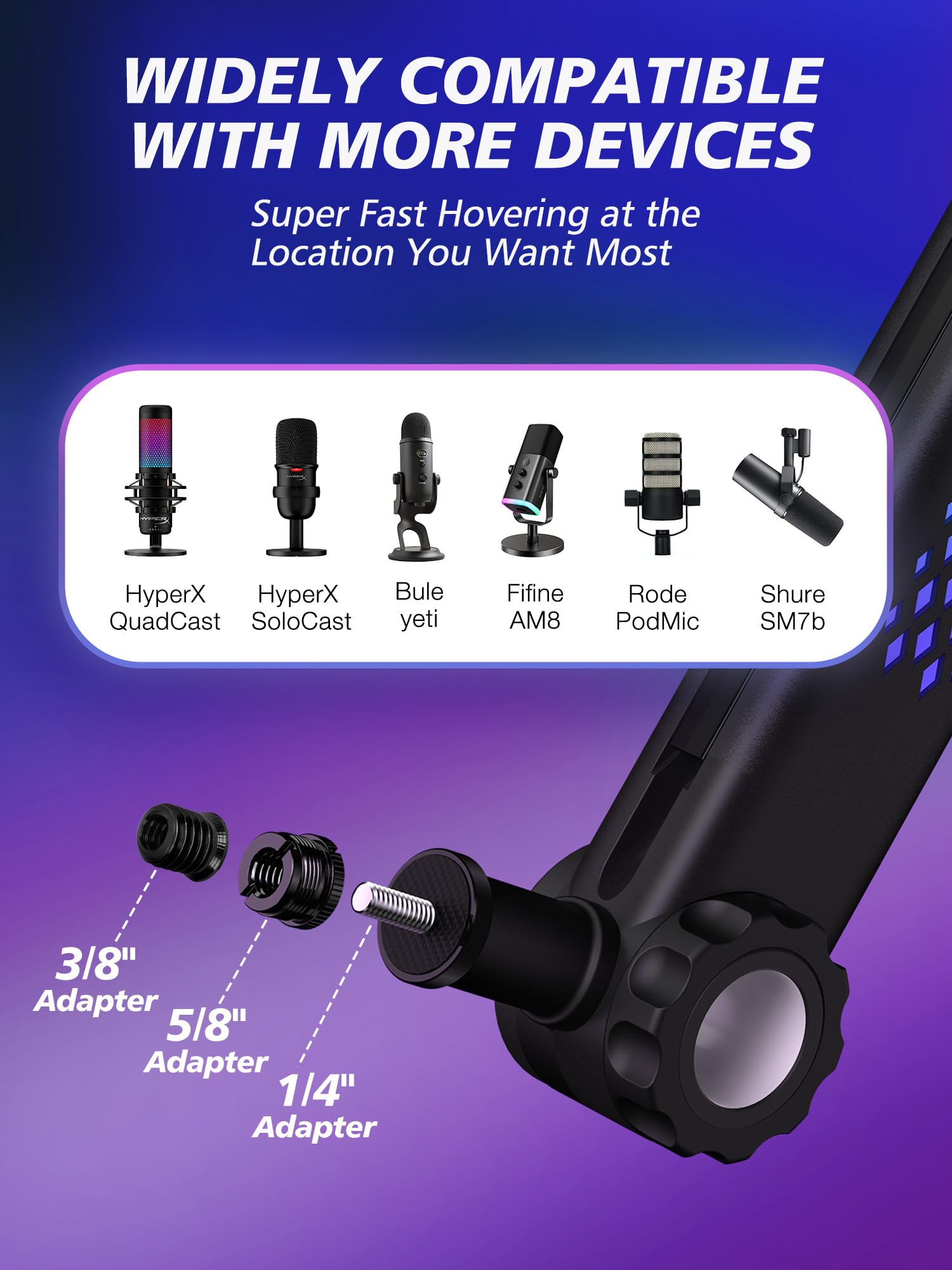 Ramię mikrofonu RGB, stojak mikrofonowy, ramię biurkowe, kompatybilne z mikrofonem HyperX, mikrofonem Shure MV7 i SM7B, niebieskim mikrofonem Yeti, mikrofonem FIFINE AM8 i mikrofonem Razer,