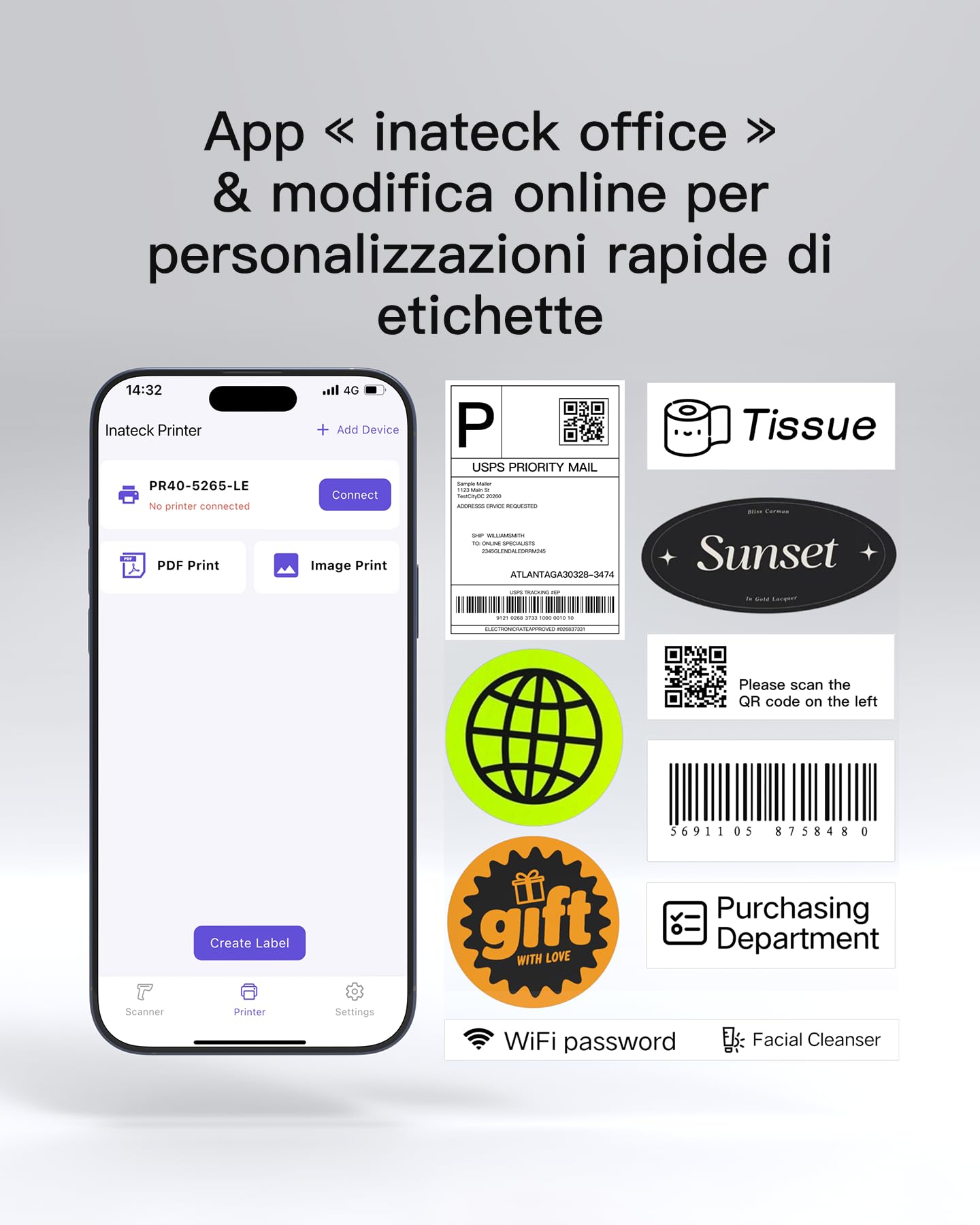 Inateck Stampante per Etichette Bluetooth, Stampante Termica DHL, 4 x 6, Etichettatrice per Codice a Barre, Amazon, Etsy, Shopify, DHL, FedEx, UPS ecc., con etichette, PR50, nero
