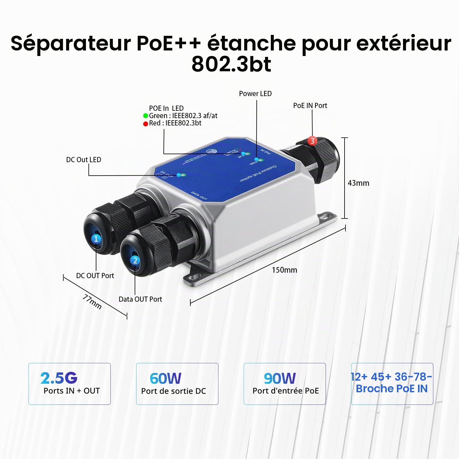 MokerLink IP67 Outdoor 2.5 Gigabit PoE Splitter, 10/100/1000/2500Mbps, IEEE 802.3 AF/at/BT PoE in, DC12V 5A Out, Max 65W, Wandmontage Metall Wasserdicht