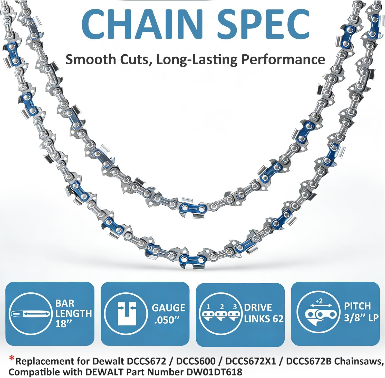 2 Pack 18 Inch Chainsaw Chain for DEWALT DW01DT618 DCCS672 / DCCS672X1 / DCCS672B 60V Brushless Cordless Chainsaw,for DEWALT DCCS600 Chainsaw