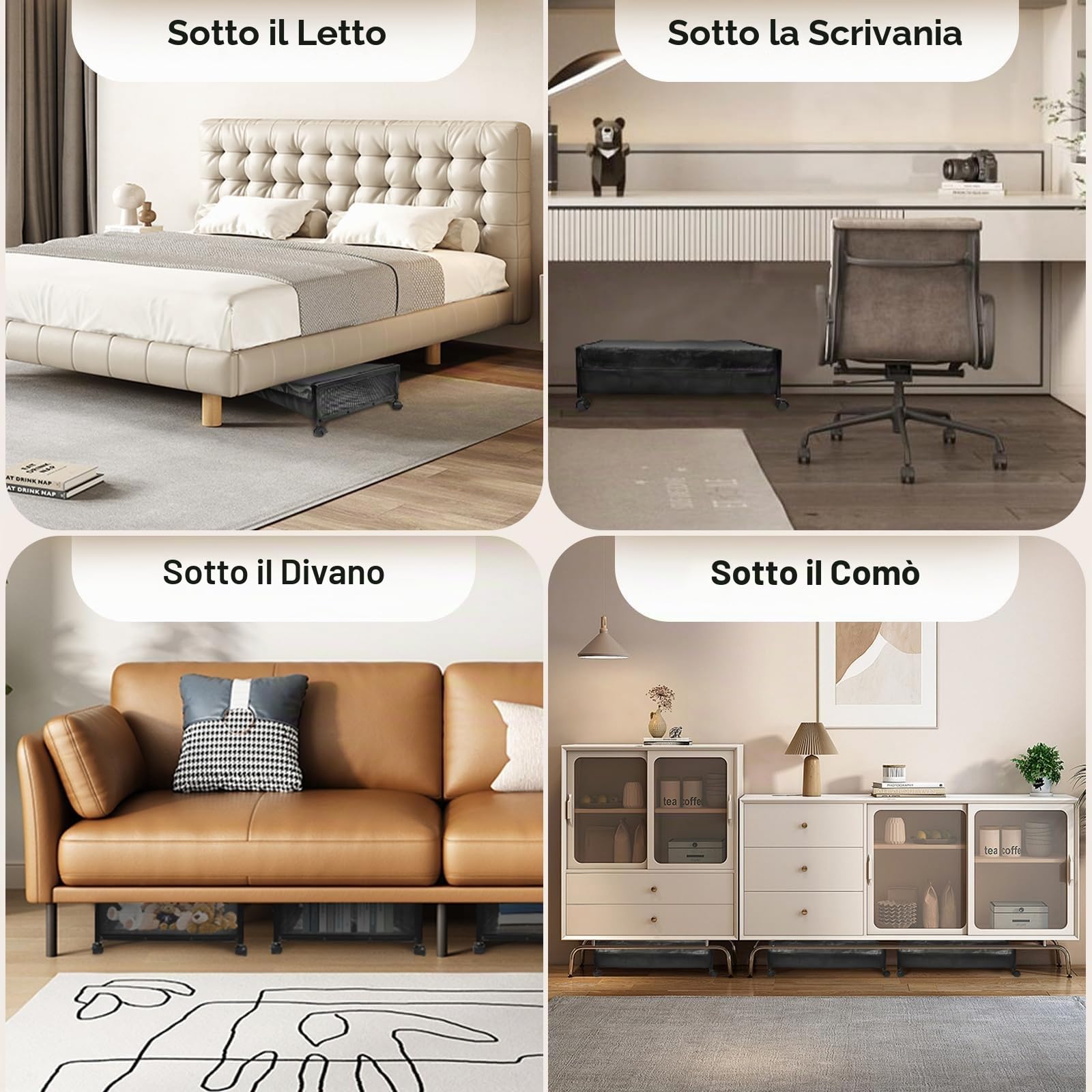Contenitori Sotto il Letto su Ruote, 4Pcs Sotto il Letto su Rotelle | Coperchio, Scatole per Vestiti, Scarpe, Giocattoli e Coperte