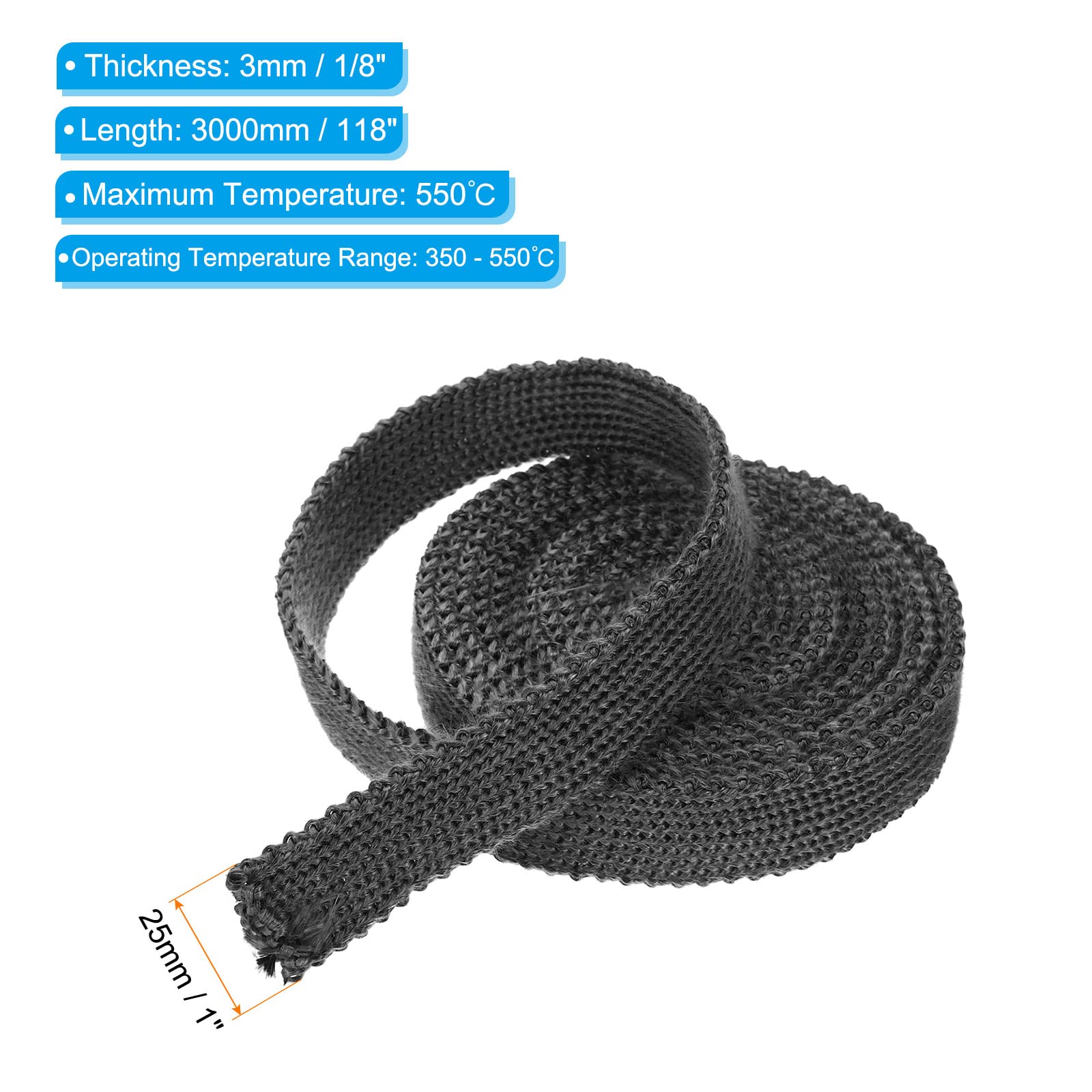 PATIKIL 1"x 1/8"x118" Wood Stove Gasket, Graphite Fiberglass Flat High-Temperature Resistance Seal Rope for Stoves Fireplace Door Black - Image 2