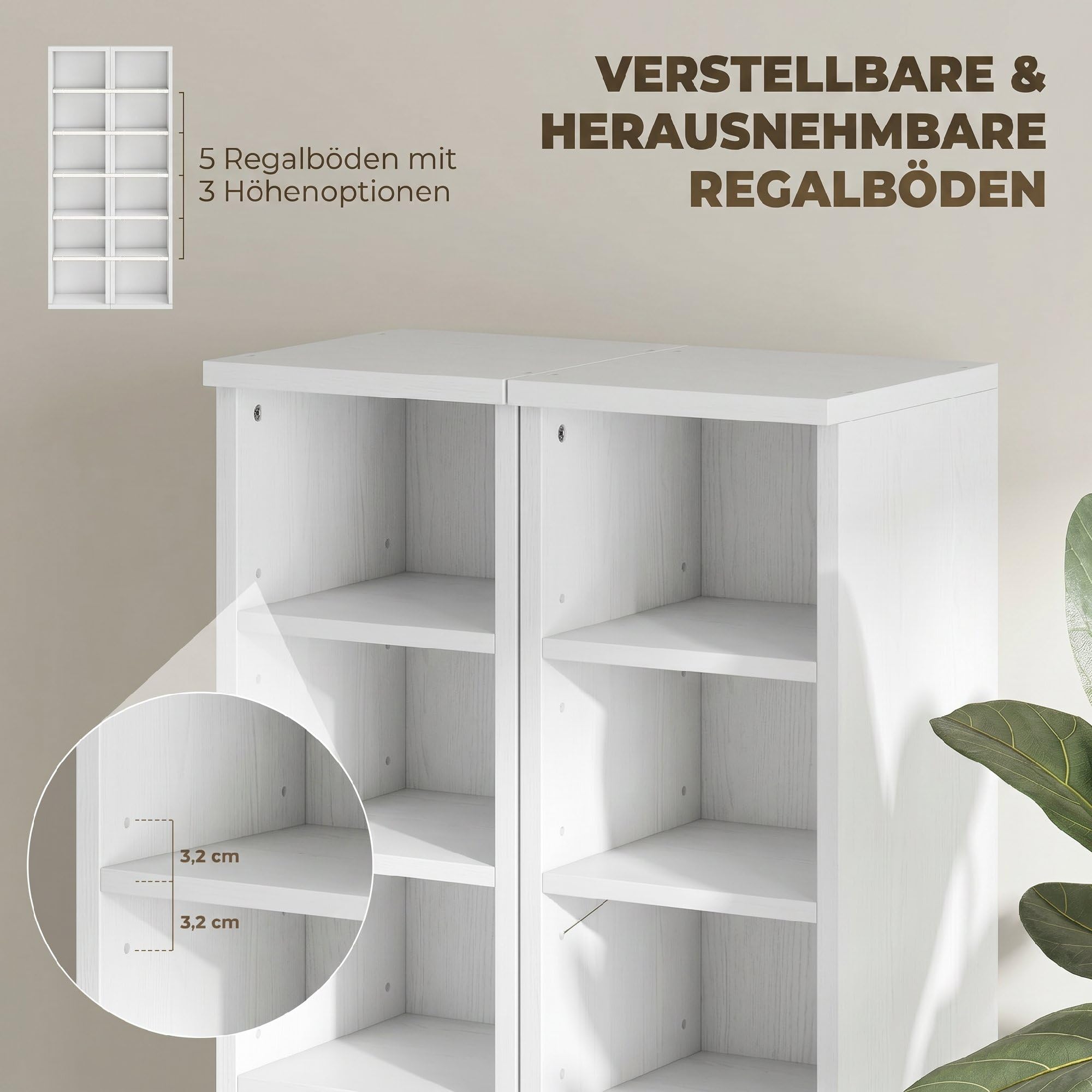 HOMCOM CD-, DVD- und Blu-ray-Regal 2er Set Stapelbar 21x22,5x88,5 cm Weiß | CD-Regal, Standregal mit 5 Verstellbaren Einlegeböden, Medienregal, Dekoregal Aufbewahrung