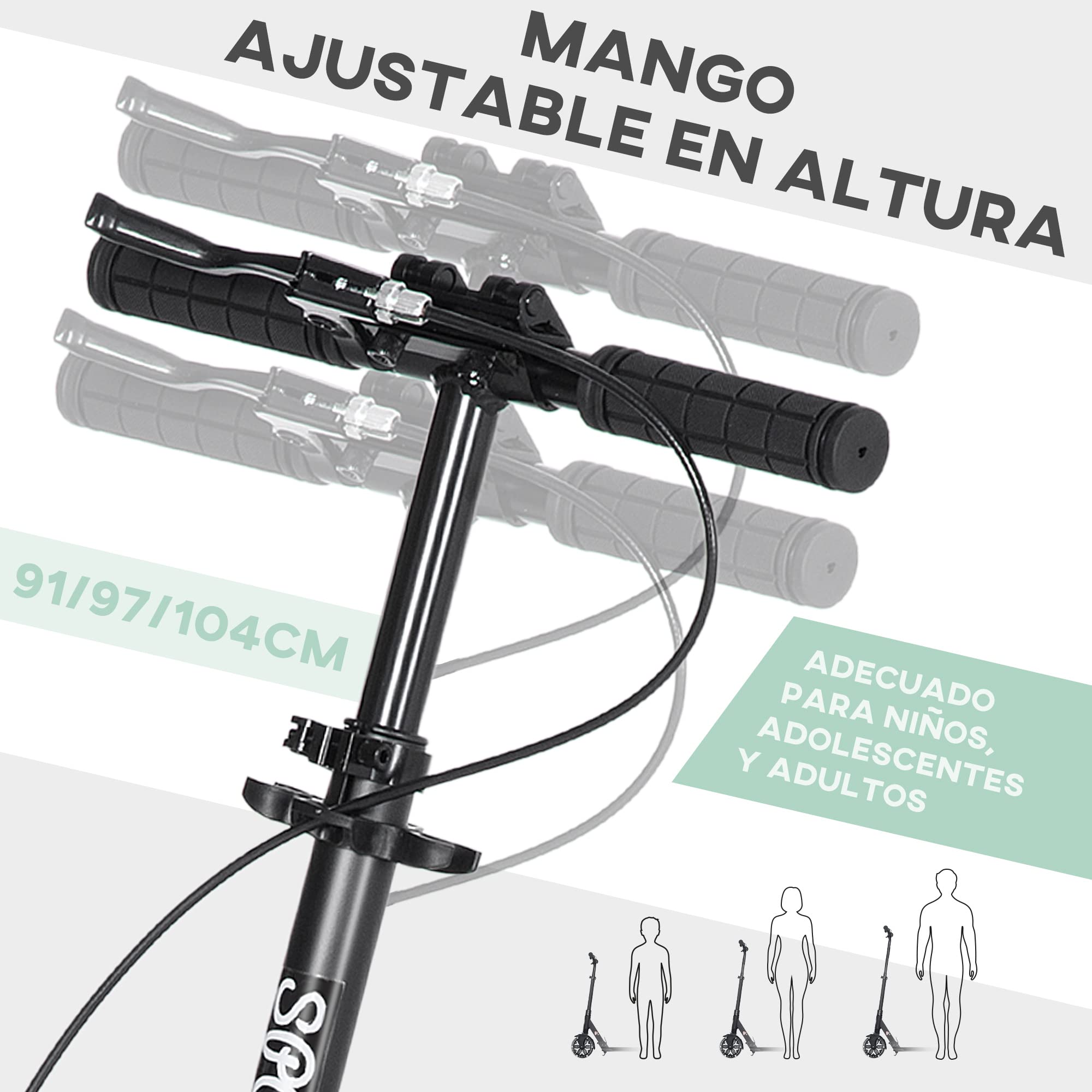 HOMCOM Patinete Plegable para Adultos y Niños de +14 Años Scooter Ligero con Manillar Ajustable Grandes Ruedas Ø200 mm Amortiguador y Freno Aluminio Carga 100 kg 91,5x36,5x91-104 cm — view 3