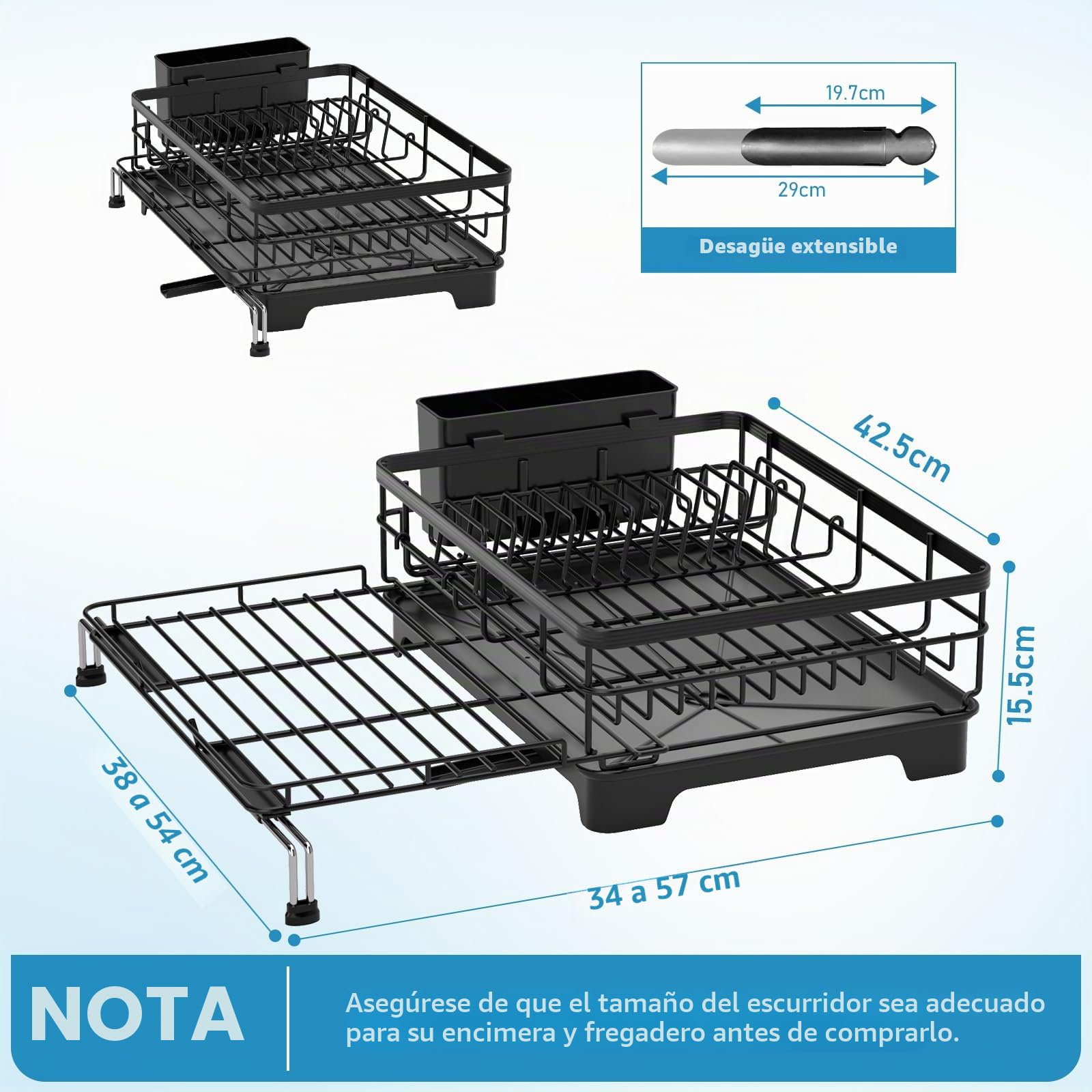 Escurreplatos Extensible, Escurridor de Platos con Soporte para Utensilios, Estante de Secado con Caño de Drenaje y Bandeja de Goteo para Encimera de Cocina, Negro