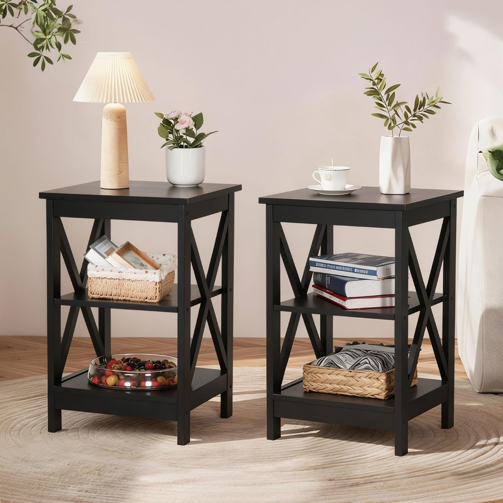 Sophia & William Farmhouse End Table Set of 2 with Storage Shelves, 3-Tier Sofa Side Table Nightstand Bedside Table for Living Room Bedroom Office,