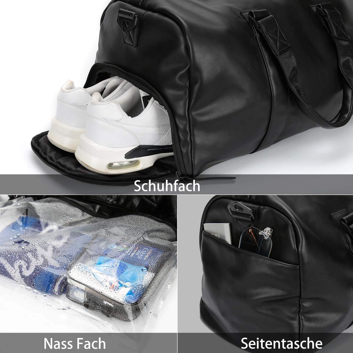 Neuleben - Bolsa de Deporte de Piel sintética con Compartimento para Zapatos, Impermeable, para Mujer, para Hombre, 30 L, Color Negro, tamaño Talla única, Volumen 30liters