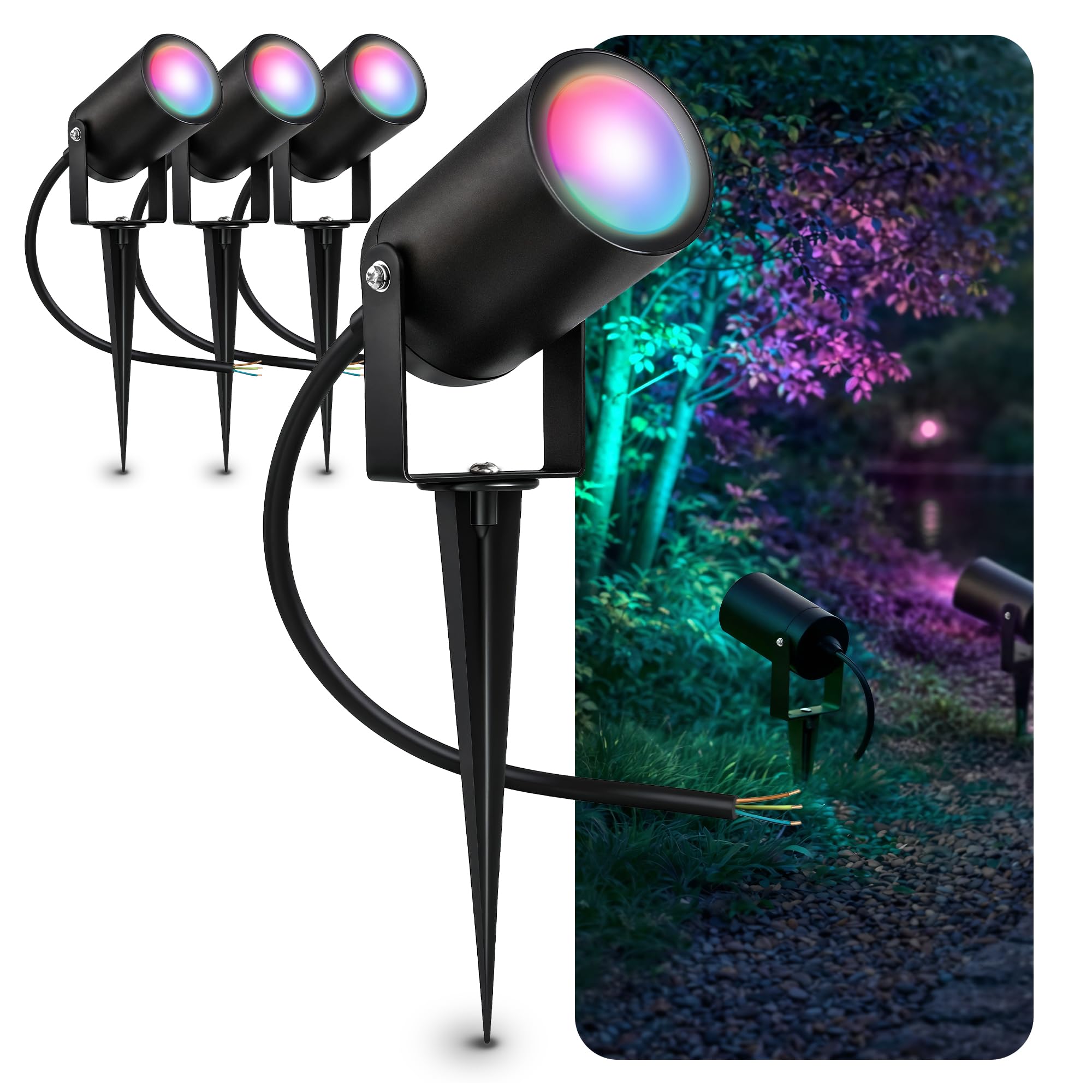 SSC-LUXon KALOA 4x Gartenstrahler mit Erdspieß IP44 - Pflanzenstrahler mit GU10 SMART Lampe 5W RGB WLAN 3CCT - Indirekte Baumbeleuchtung