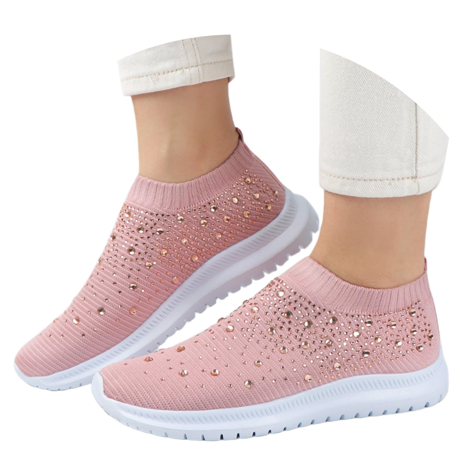 Scarpe da passeggio da donna, slip-on, estive, con strass, larghezza H | Scarpe da ginnastica, senza lacci, per il tempo libero, in rete, traspiranti, per corsa, fitness, attività all'aperto