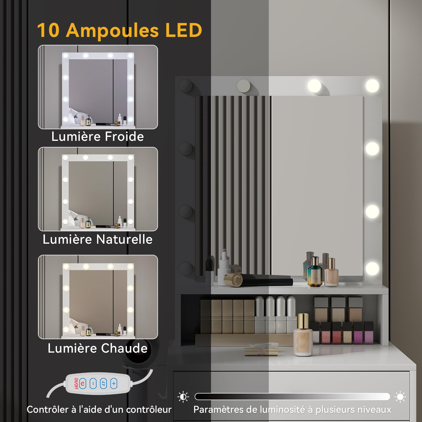 YU YUSING Petite Coiffeuse Miroir Hollywood LED, Table Maquillage Doré