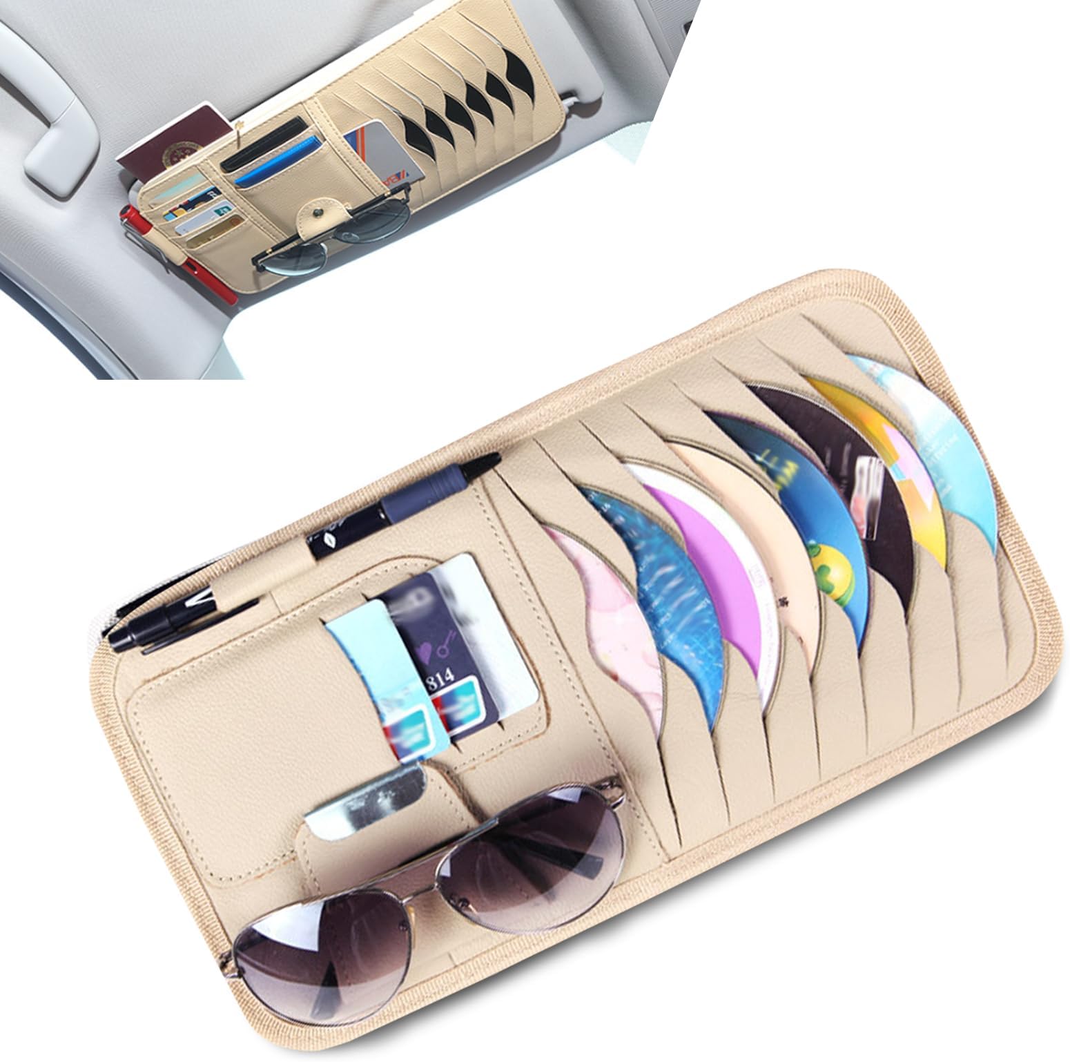 1 PC CD Holder Storage Case, Genuine Leather Vehicle Sun Visor Organizer Clip, Multifunctional Car Card Sleeve Pocket Bag, Universal for Most Cars (Beige)