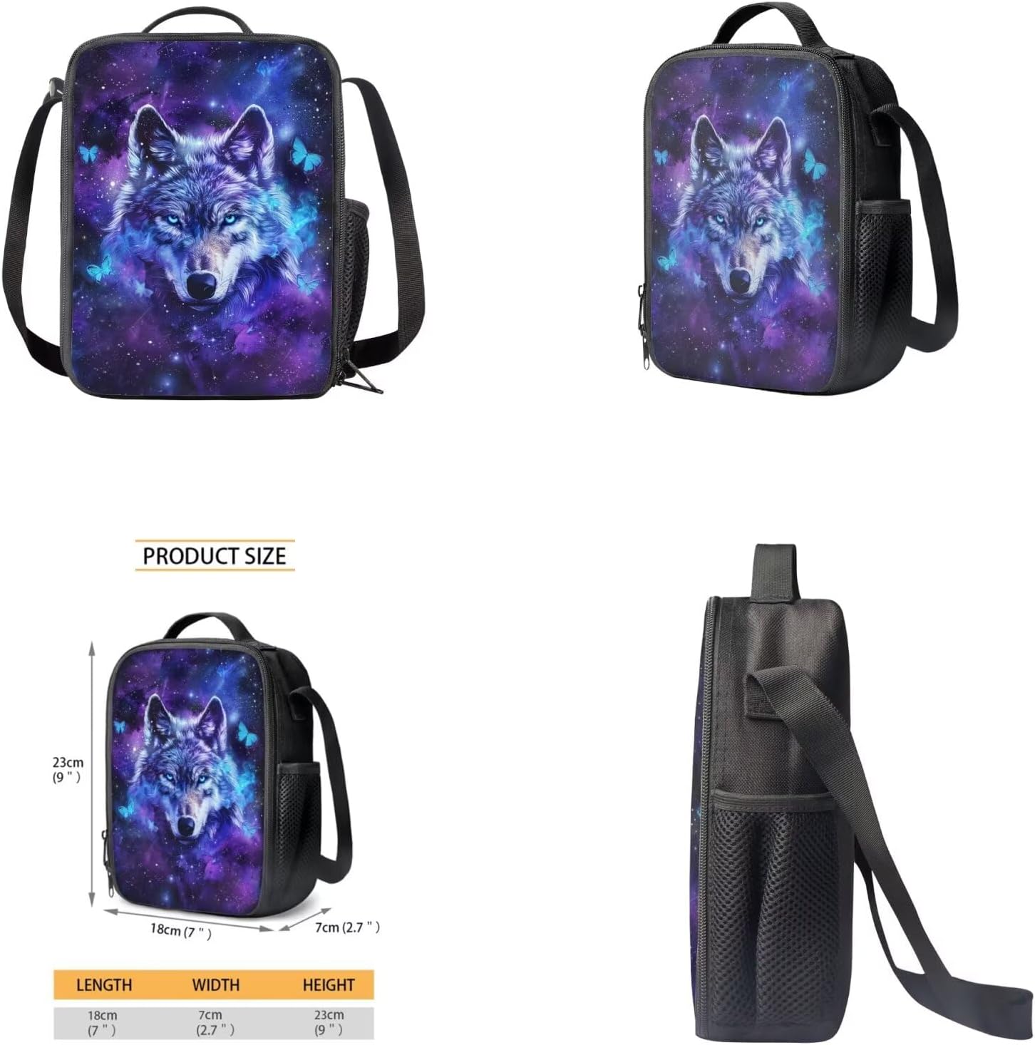 Galaxy Wolf Backpack for Girls Kids Backpack with Lunch Box Water Bottle Holder and Aesthetic Pencil Case 4PCS Set Bookbag with Front Pocket for School 17" Sturdy School Bag with Side Pocket