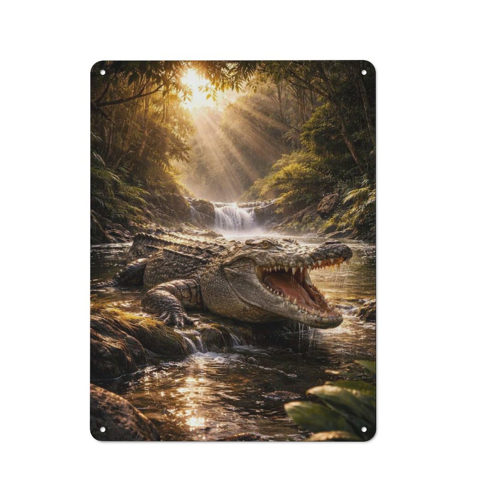Vintage Metal Plaque 40x30cm Featuring Crocodile in A Jungle Waterfall for Home Bar Wall, A Metal Wall Feature for Home Bars And Entertaining Spaces