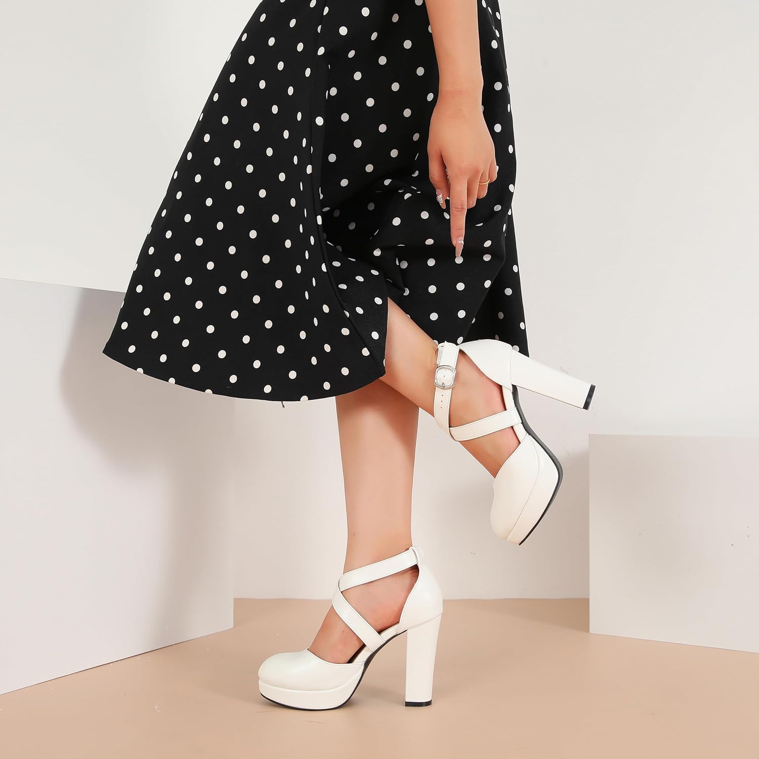 fereshte Women's Platform Pumps, Crisscross Ankle Strap, Chunky Block Heel, Closed Toe, 3.94 Inch High Heeled Dress Shoes - Image 3