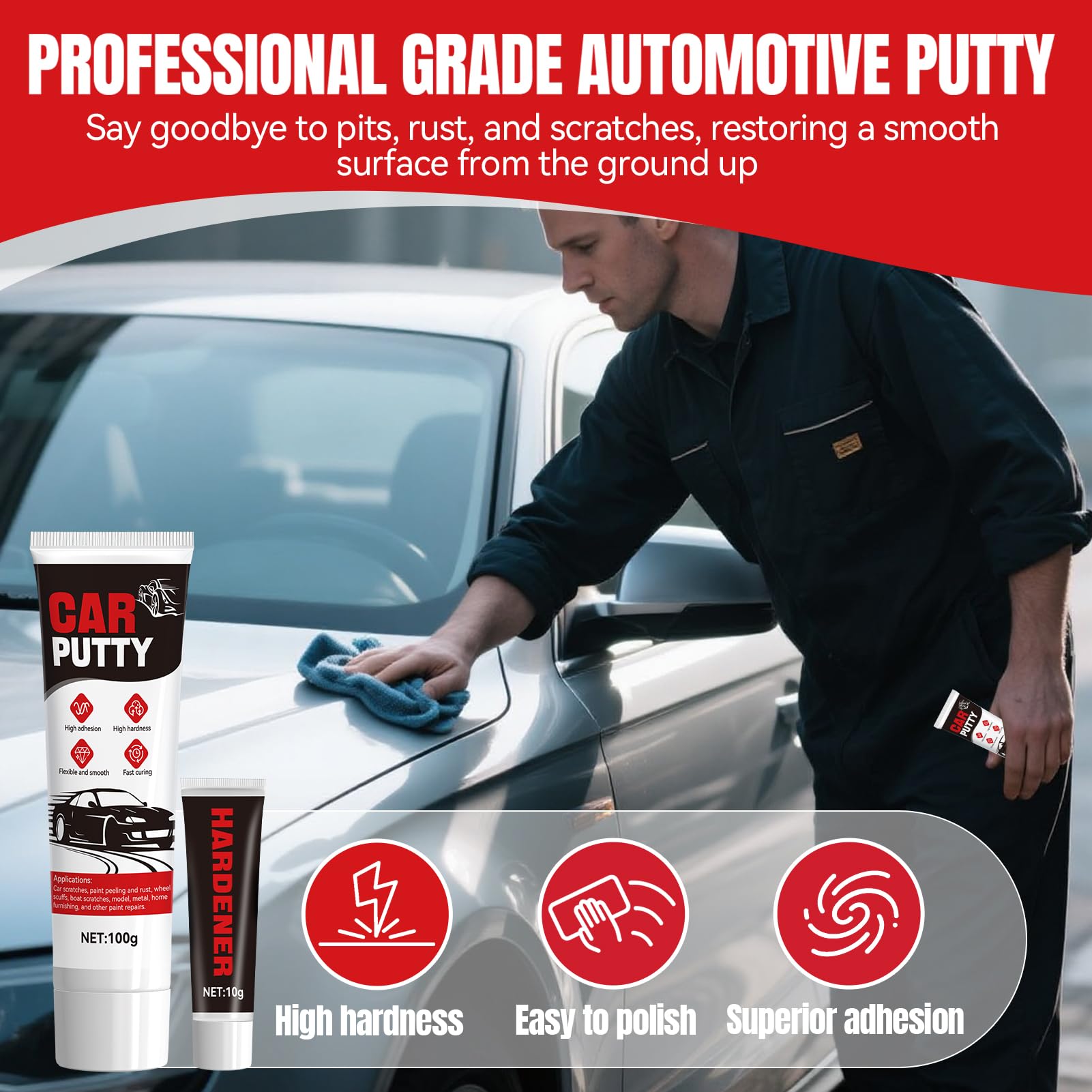 Allony Mastic Carrosserie, Mastique Carrosserie Voiture, Rebouche Trou, Debosselage Carrosserie, Mastic Carrosserie Voiture pour Réparer Les Rayures et Les Bosses sur Les Voitures, Bateaux, 100g+10g - 2