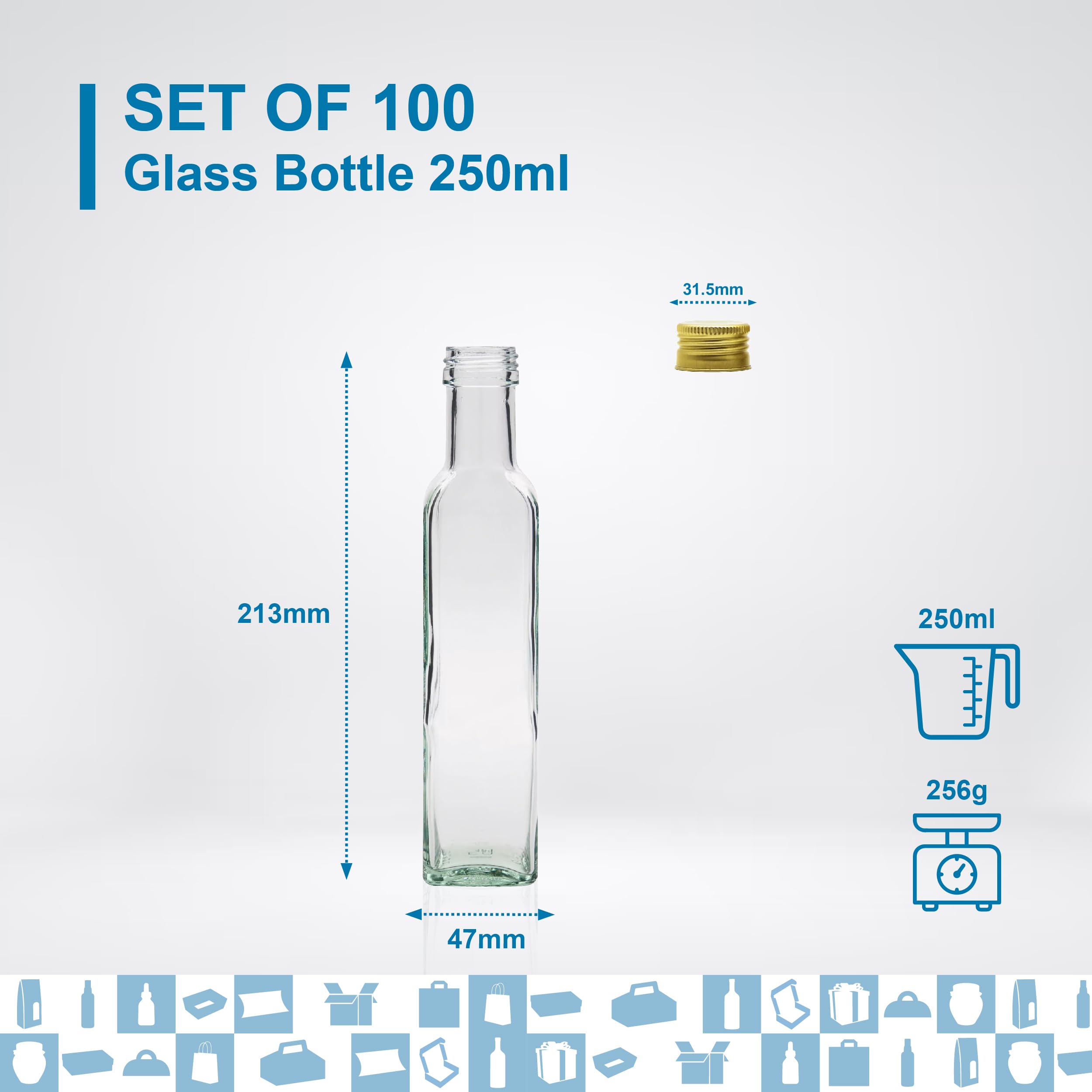 100 Botellas de vidrio de 250 ml con tapón de rosca dorado | Aceite de oliva, vinagre, alcohol | Aceitera de vidrio, botella de aceite | Regalos de boda