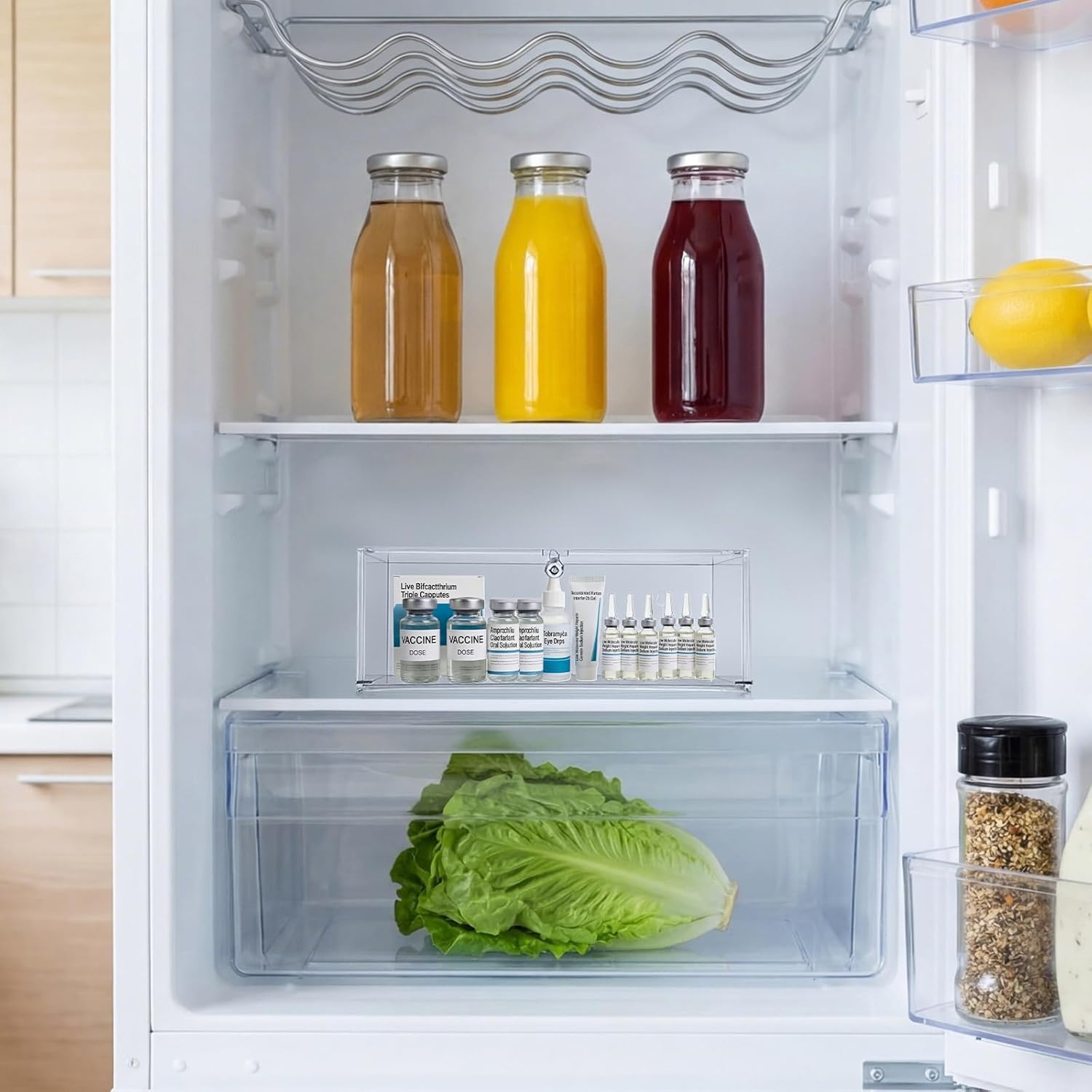 JUXYES Acrylic Clear Refrigerator Medicine Organizer Box with Lid and Lock for Wall and Tabletop - Transparent Medicine Storage Bin - Stackable Fridge Lockable Pill Container for Medical Supplies, S