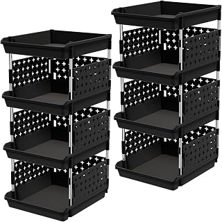 Lifewit Plastic Stackable Storage Baskets, 4 Tier Stacking Bins 13.8"D x 11.8"W x 28.3"H, Large Capacity Multi-Functional Containers Shelves for Pantry, Playroom, Kitchen and Bedroom, 2 Pack, Black