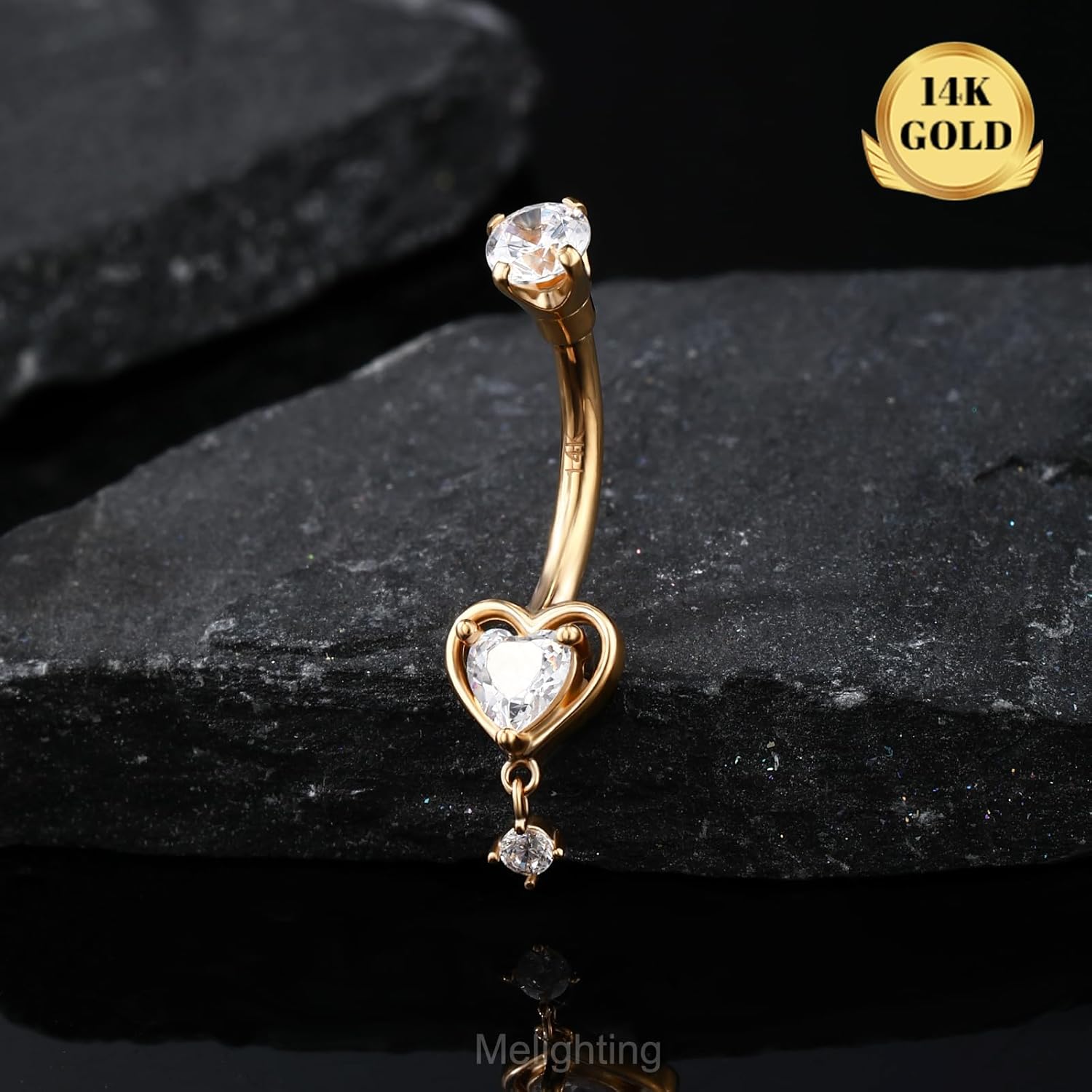 Melighting 14K Solid Gold Belly Button Ring Heart Belly Ring Gold Dangle Belly Piercing Jewelry 14G Navel Ring for Women - Image 3