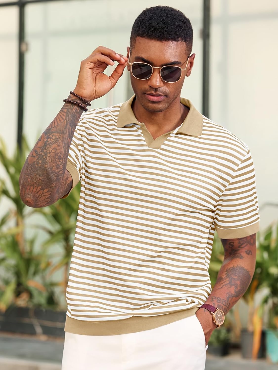 Runcati Mens Knit Polo Shirts Short Sleeve Striped V Neck Golf Shirt Classic Casual Summer Tops - Image 2